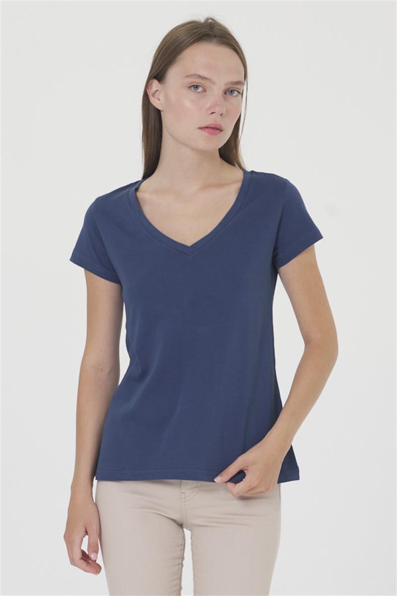 V Yaka Tişört - İndigo