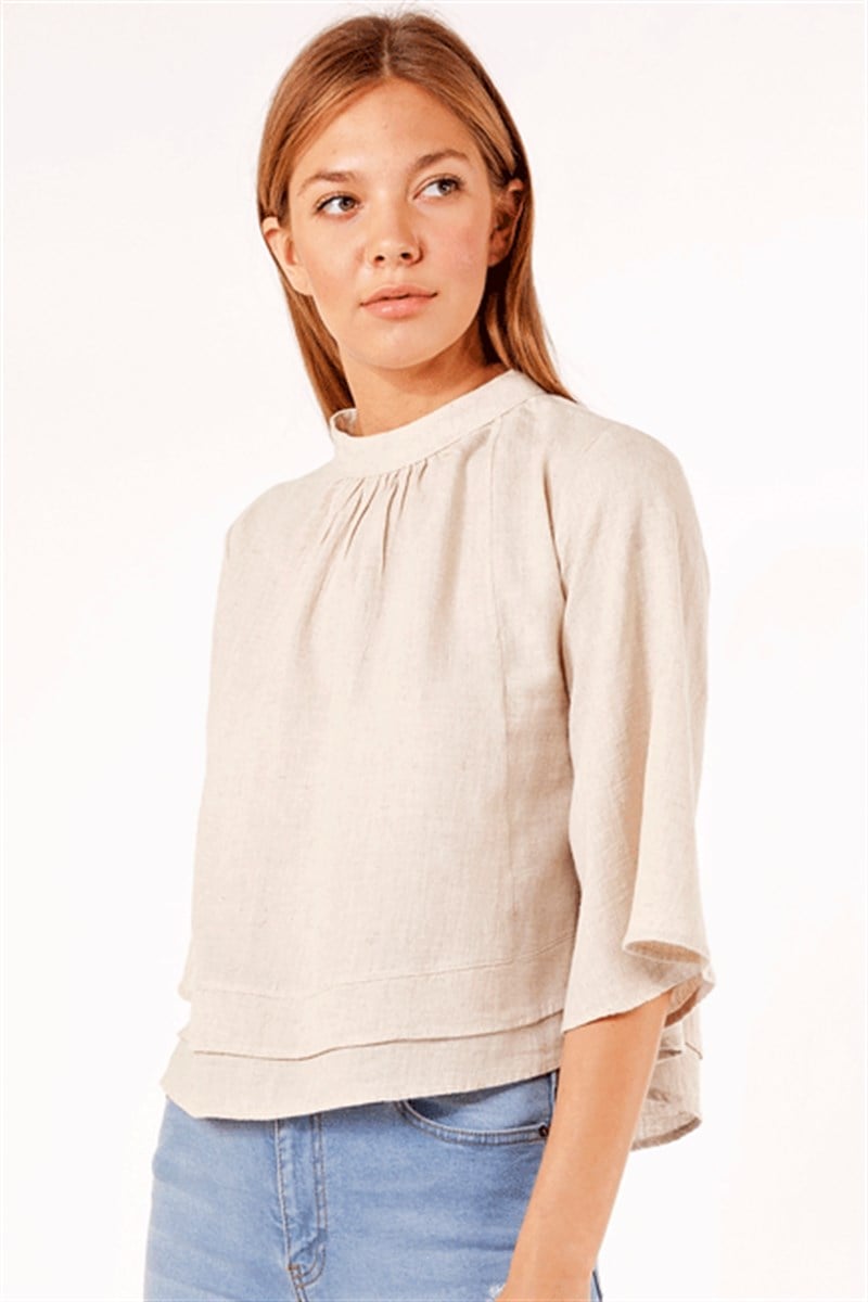 Yaka Bantlı Bluz - Bej