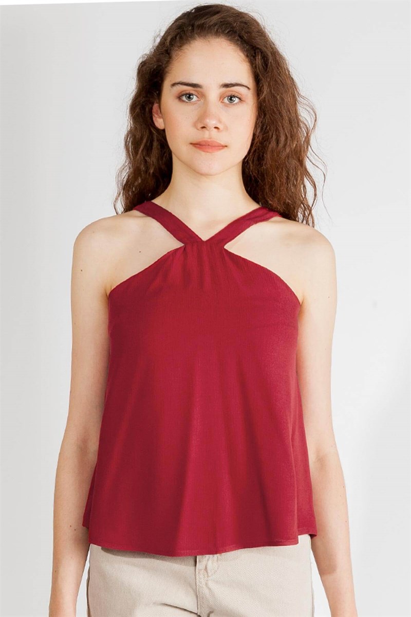 Yaka Detaylı Bluz - Bordo