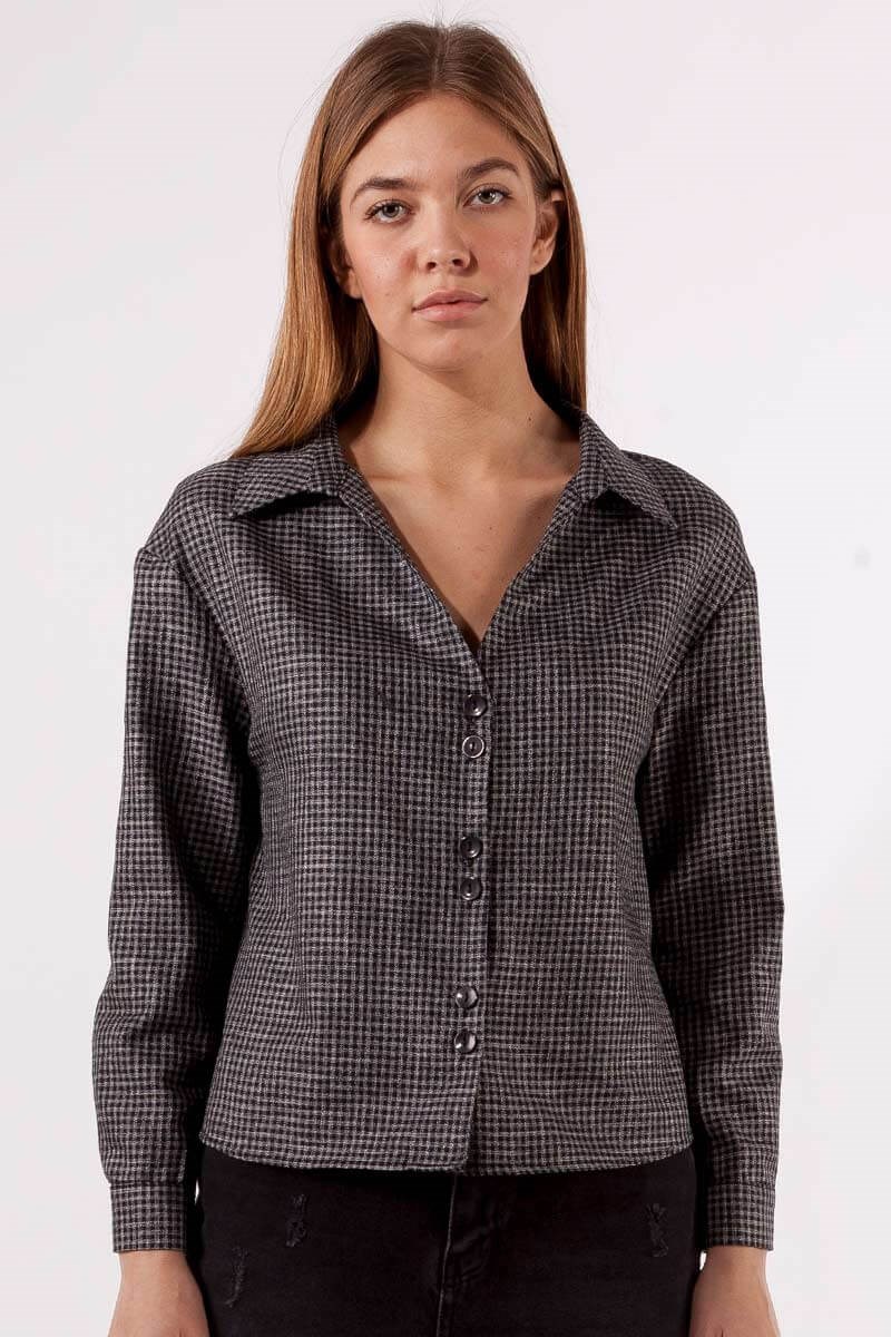 Yaka Detaylı Gömlek - Antrasit Kareli