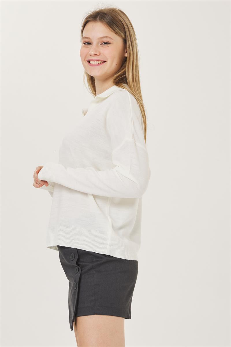 Yakalı Triko Kazak - Ekru