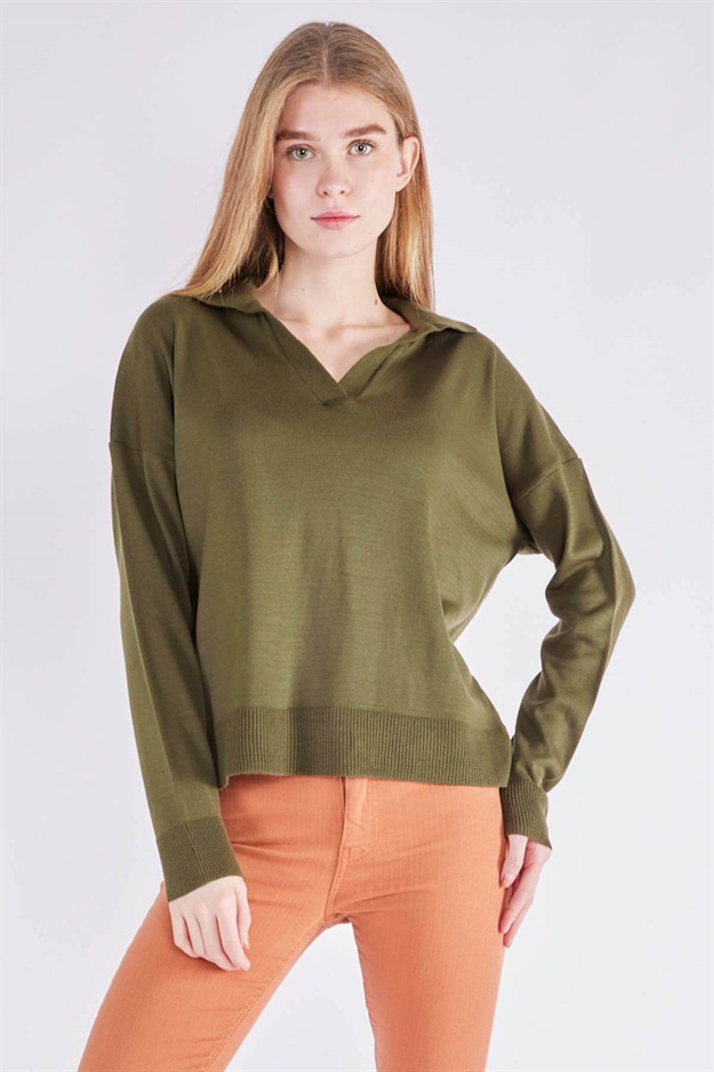 Yakalı Triko Kazak - Haki