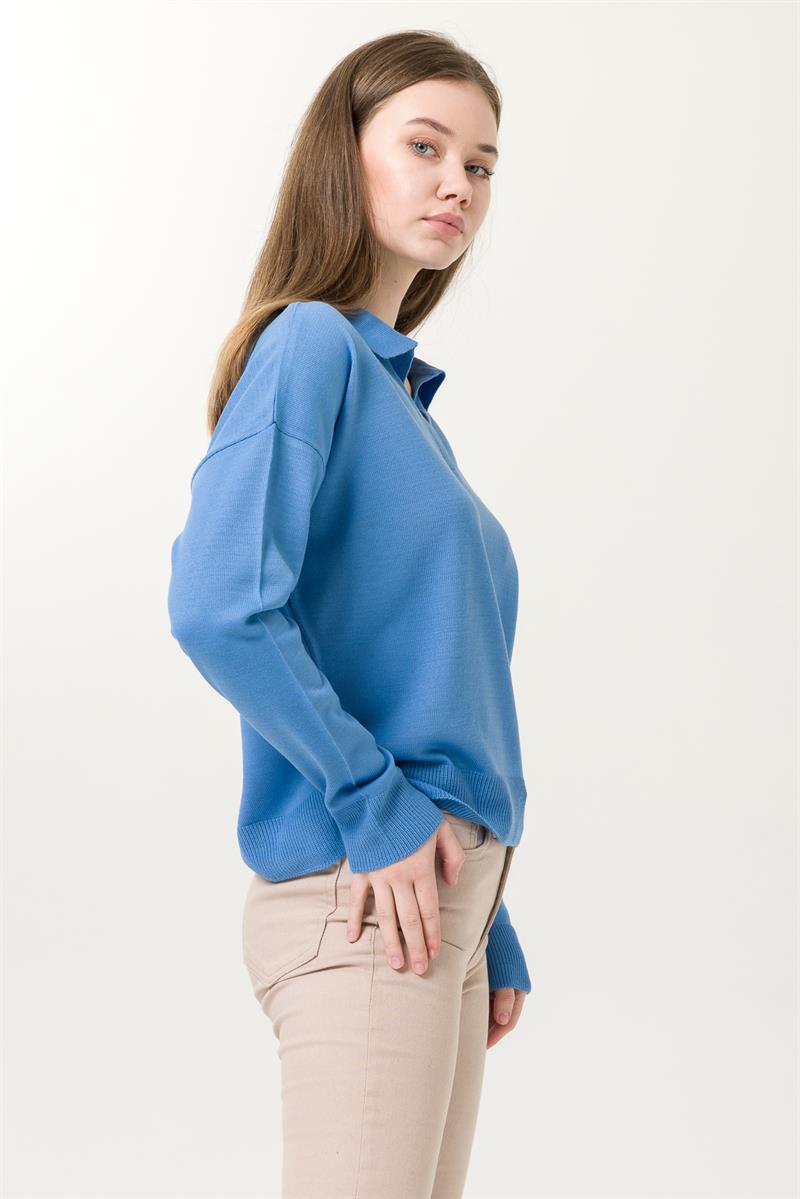 Yakalı Triko Kazak - Mavi