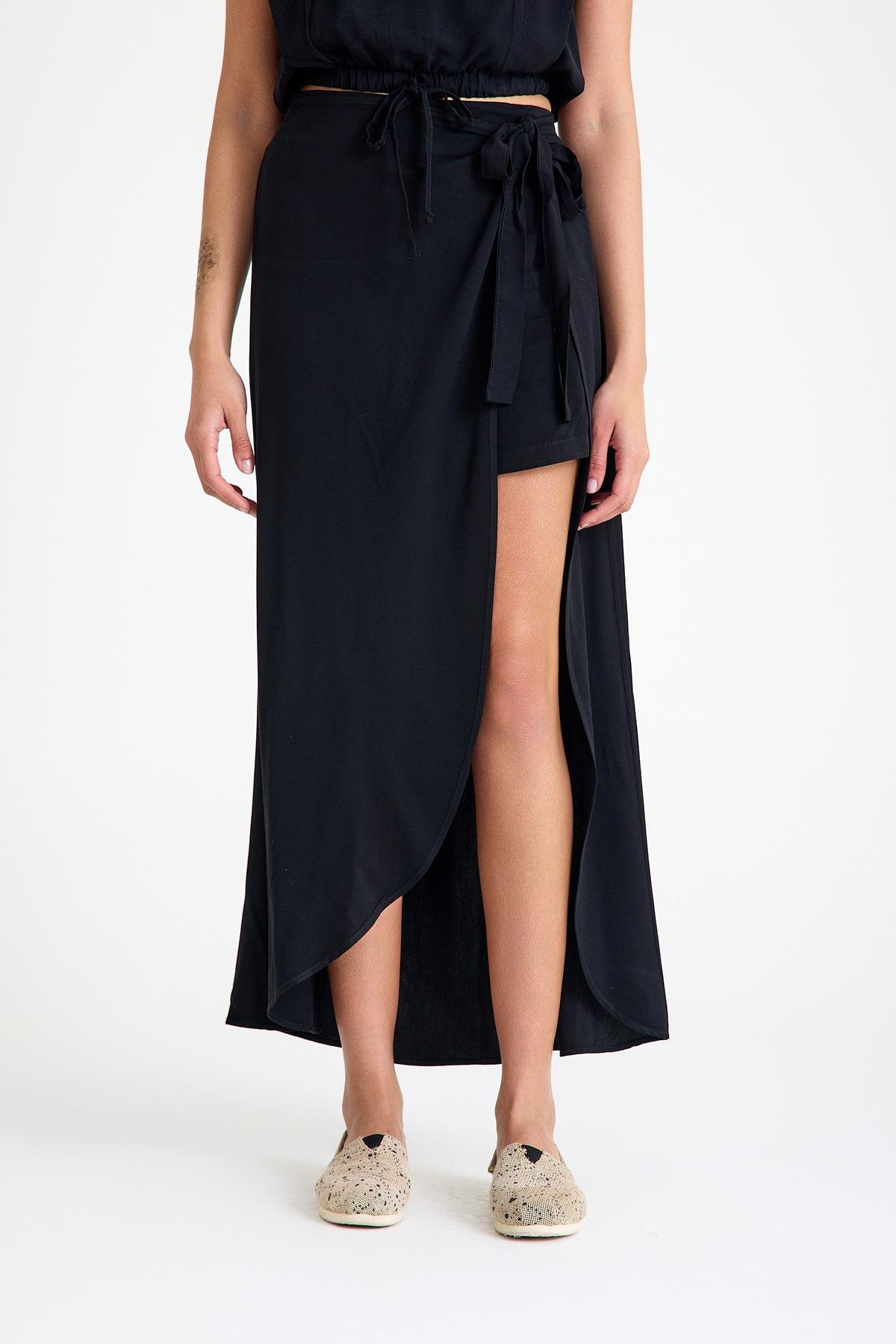 Yandan Bağlamalı Şort Etek - Siyah