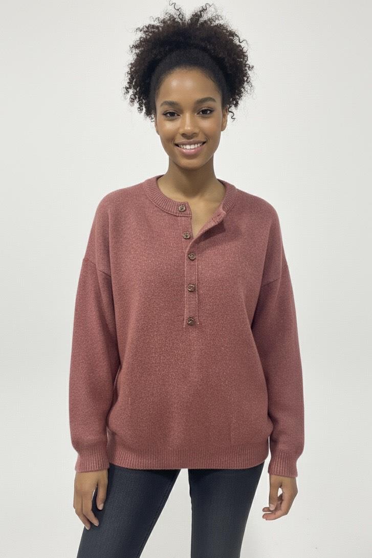 Yarım Düğmeli Kazak - Gülkurusu