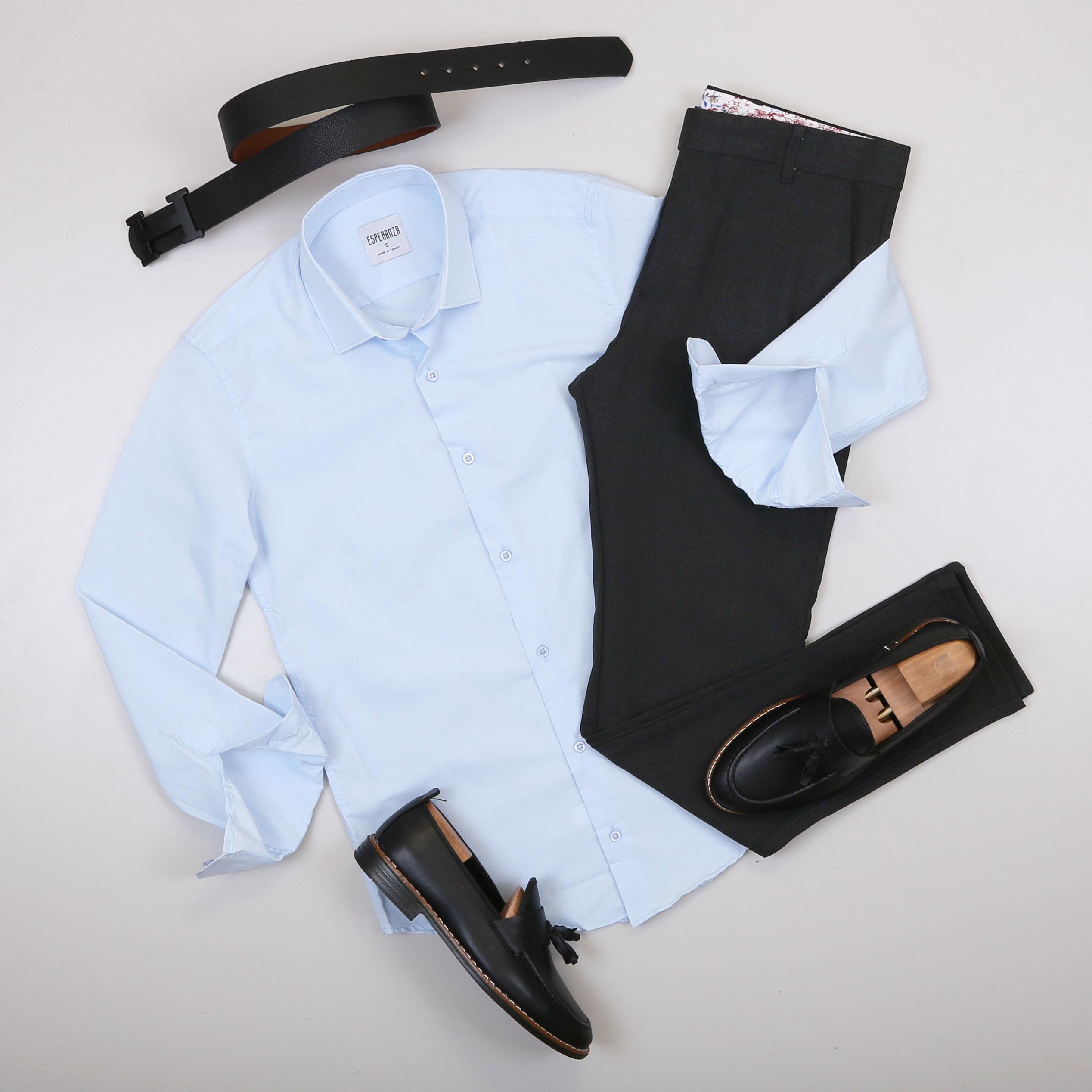 Bebe Mavi Gömlek Füme Pantolon Ayakkabı Kombin