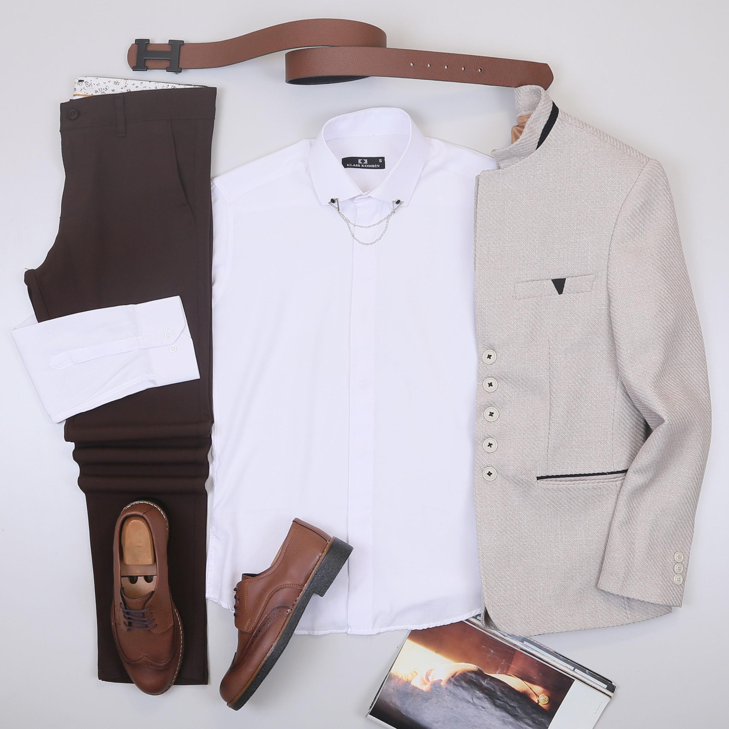 Bej Dik Yaka Blazer Ceket Gömlek Pantolon Ayakkabı Kombin