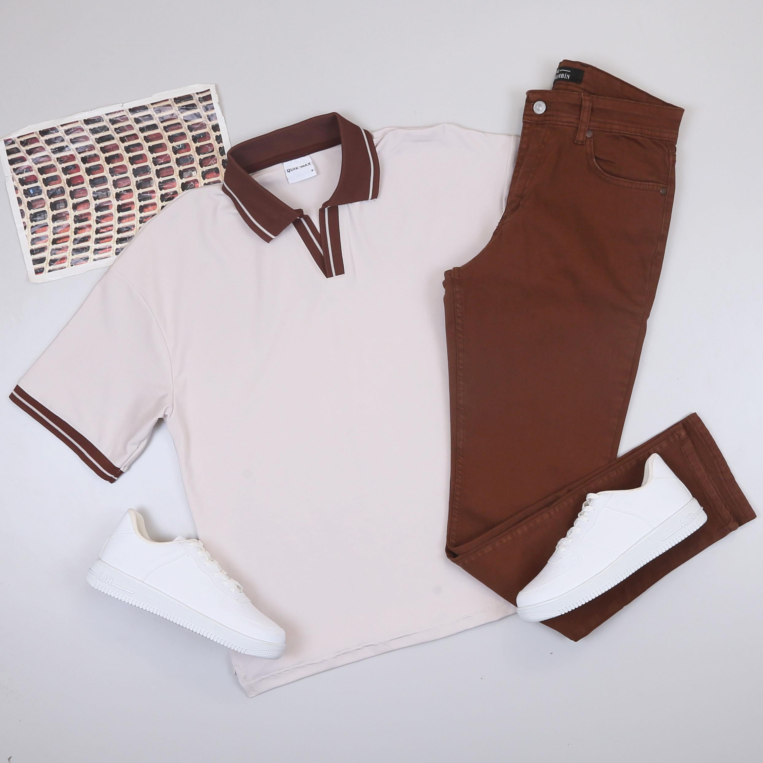 Bej Forma Kumaş Polo Yaka Tişört Pantolon Ayakkabı Kombin