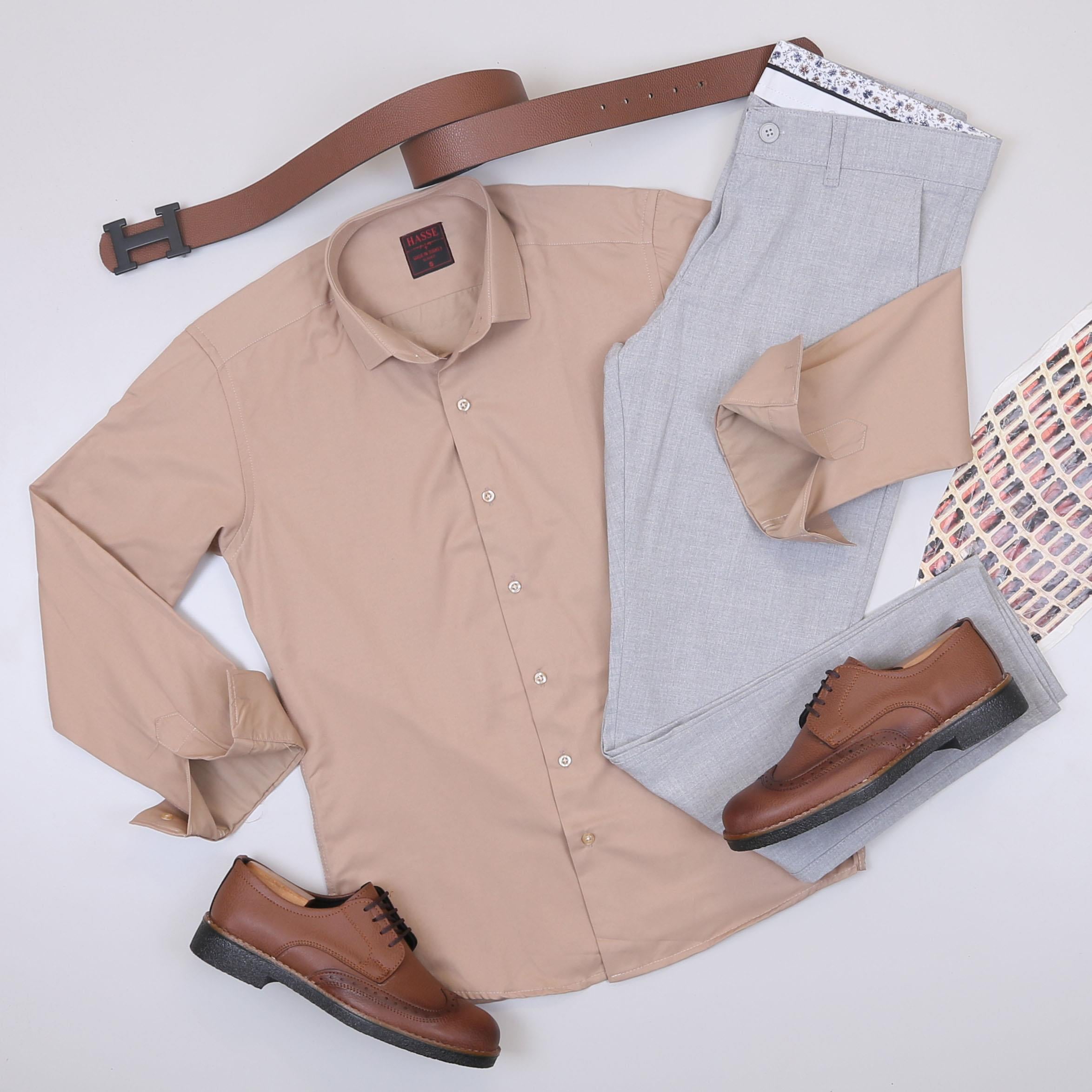 Bej Gömlek Gri Pantolon Ayakkabı Kombin