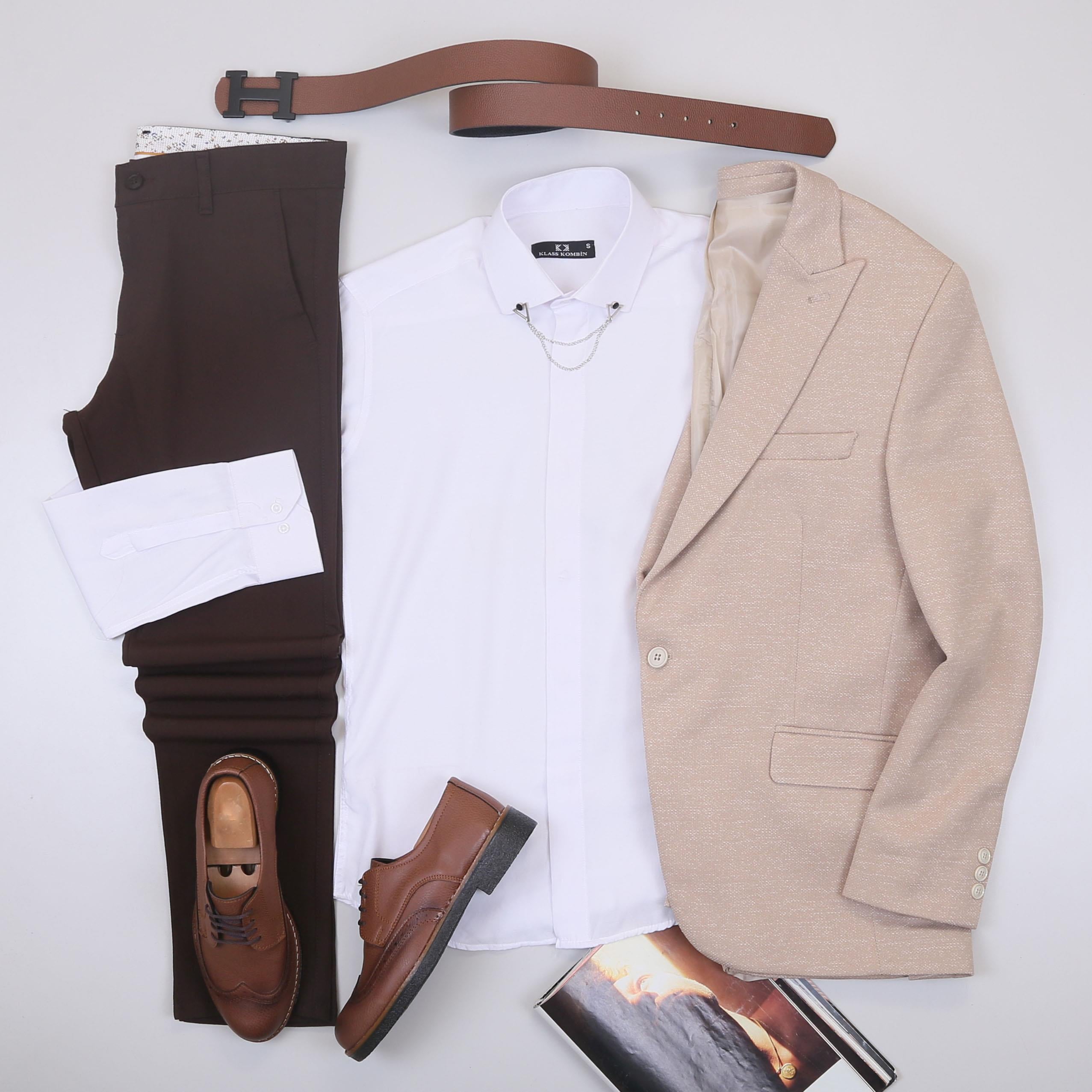 Bej Kırçıllı Blazer Ceket Gömlek Pantolon Ayakkabı Kombin