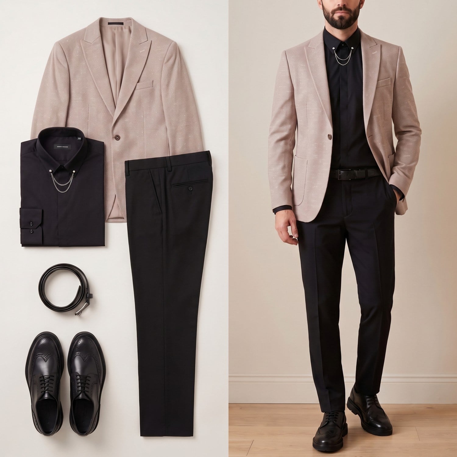 Bej Kırçıllı Blazer Ceket Kombini Erkek | Slim Fit Şık Komple Set