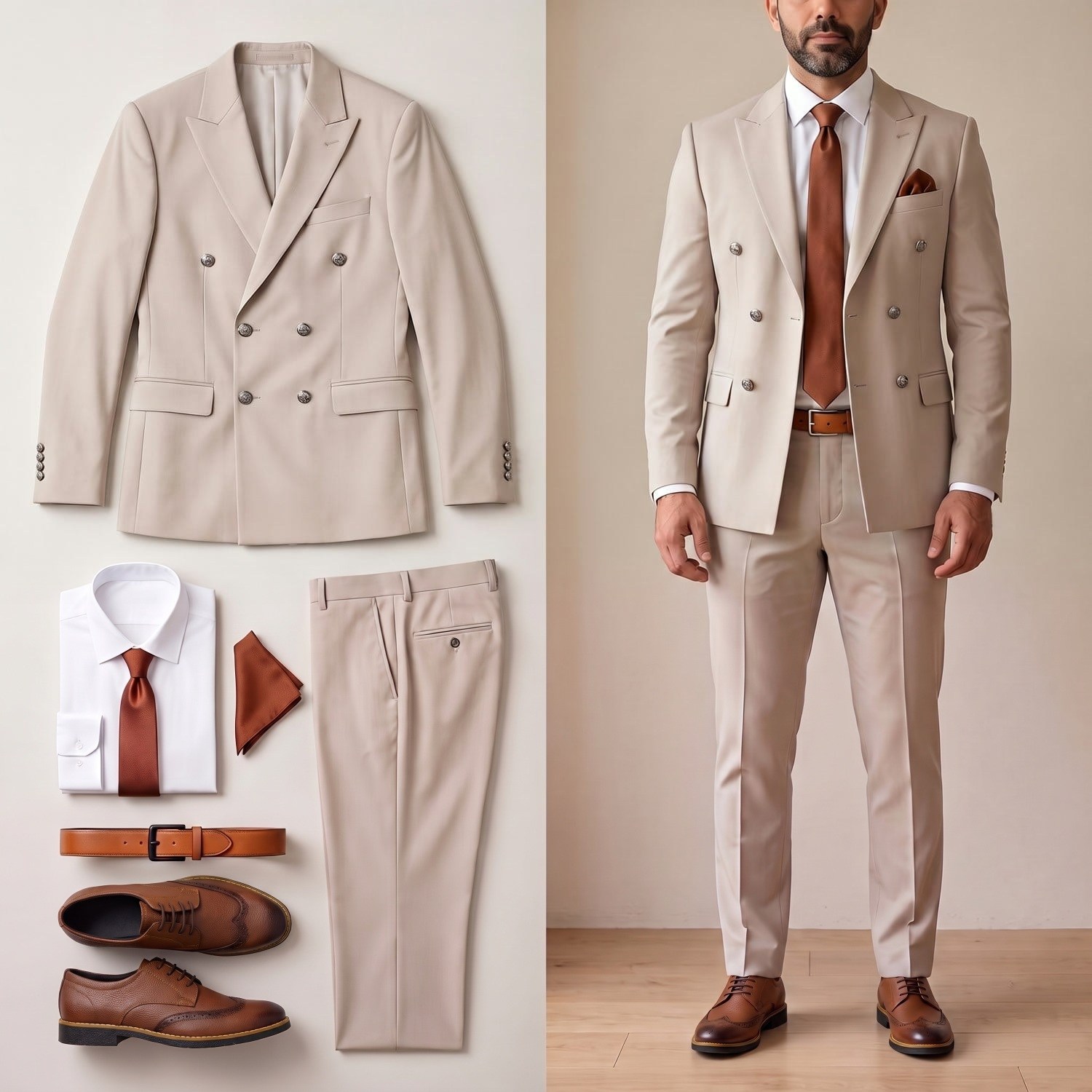 Bej Kruvaze Takım Elbise Kombini Erkek | Slim Fit Şık Komple Set
