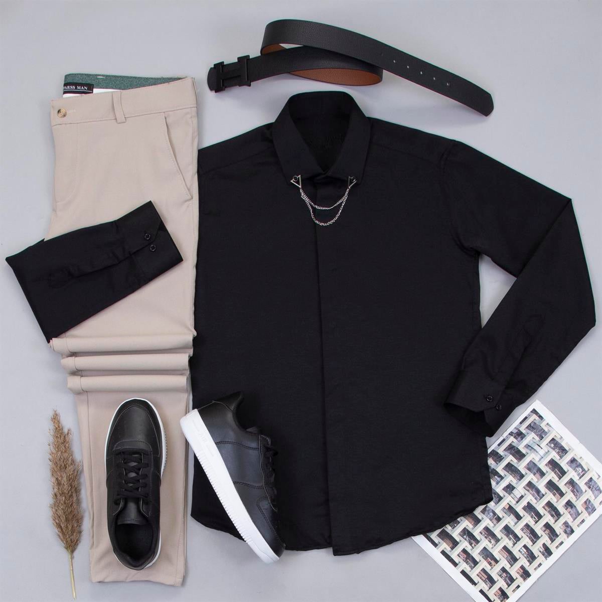 Bej Pantolon Siyah Gömlek Ayakkabı Kombin