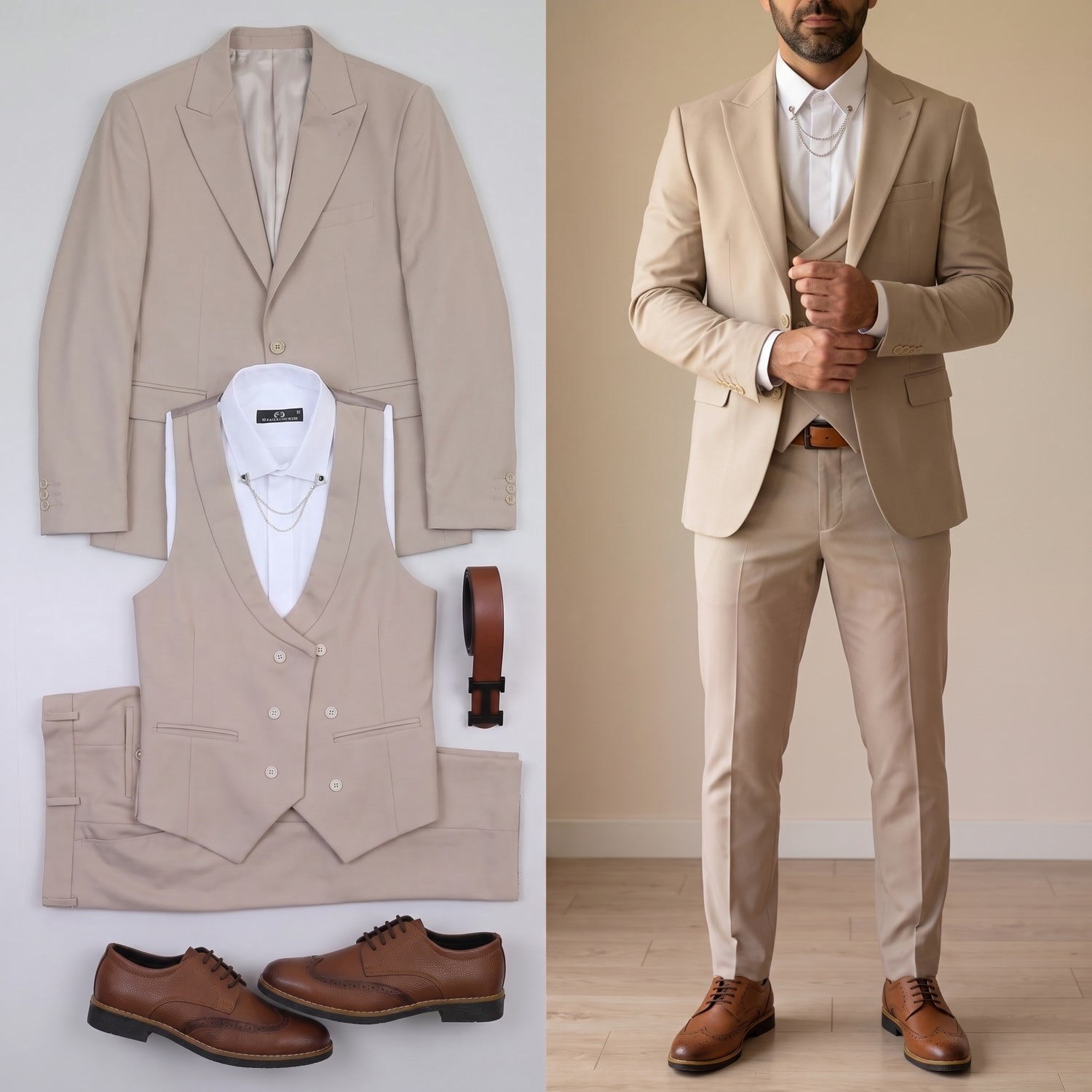 Bej Takım Elbise Kombini Erkek | Slim Fit Şık Komple Set