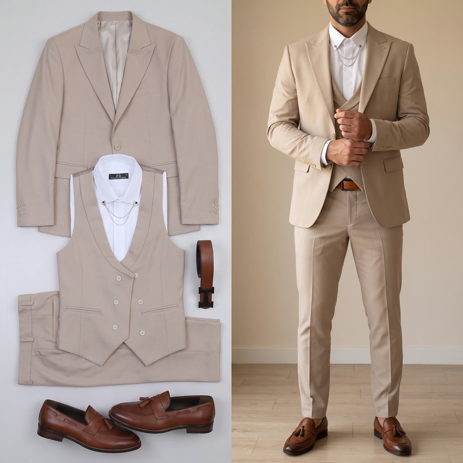 Bej Takım Elbise Kombini Erkek | Slim Fit Şık Komple Set