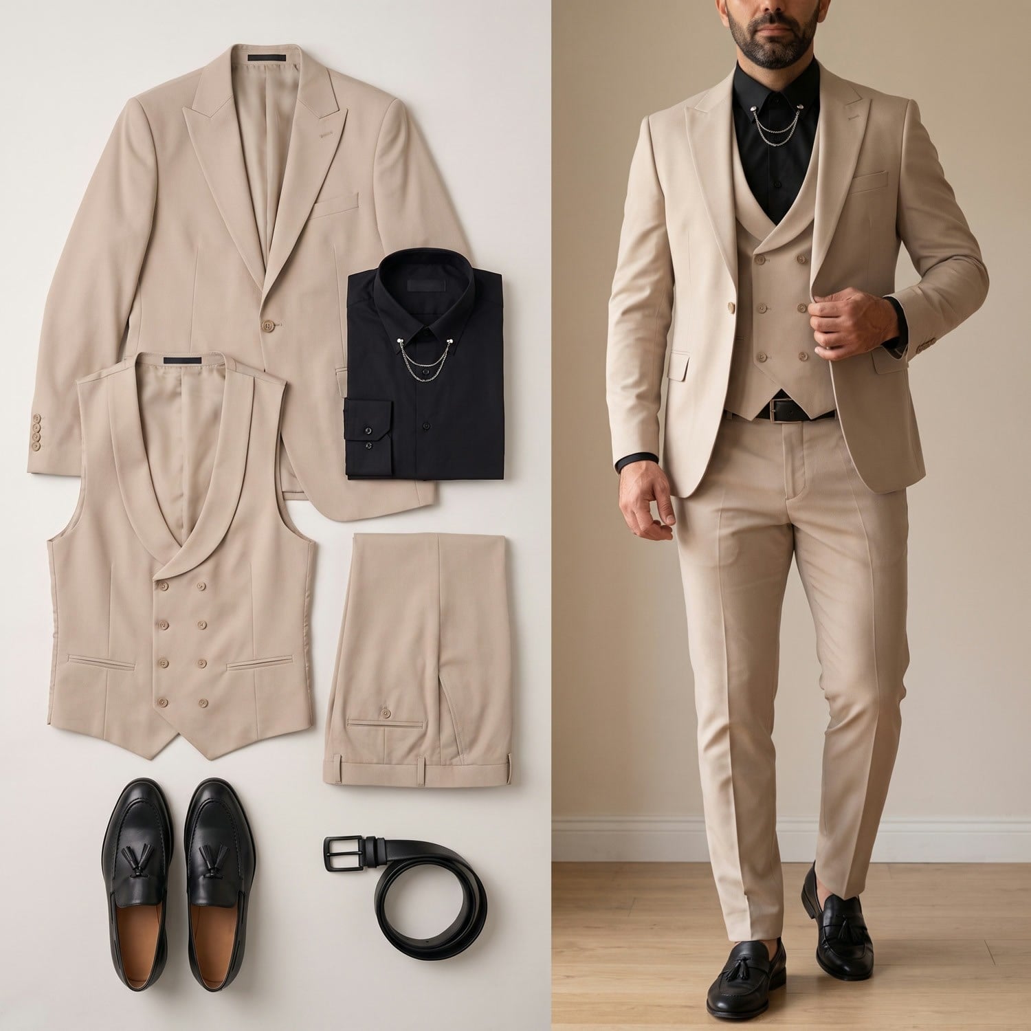 Bej Takım Elbise Kombini Erkek | Slim Fit Şık Komple Set 