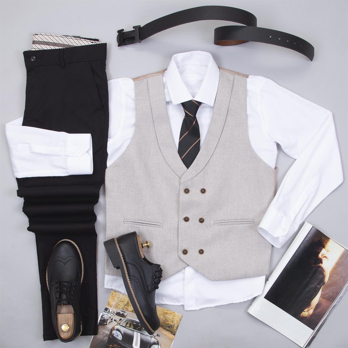 Bej Yelek Gömlek Pantolon Ayakkabı Kombin