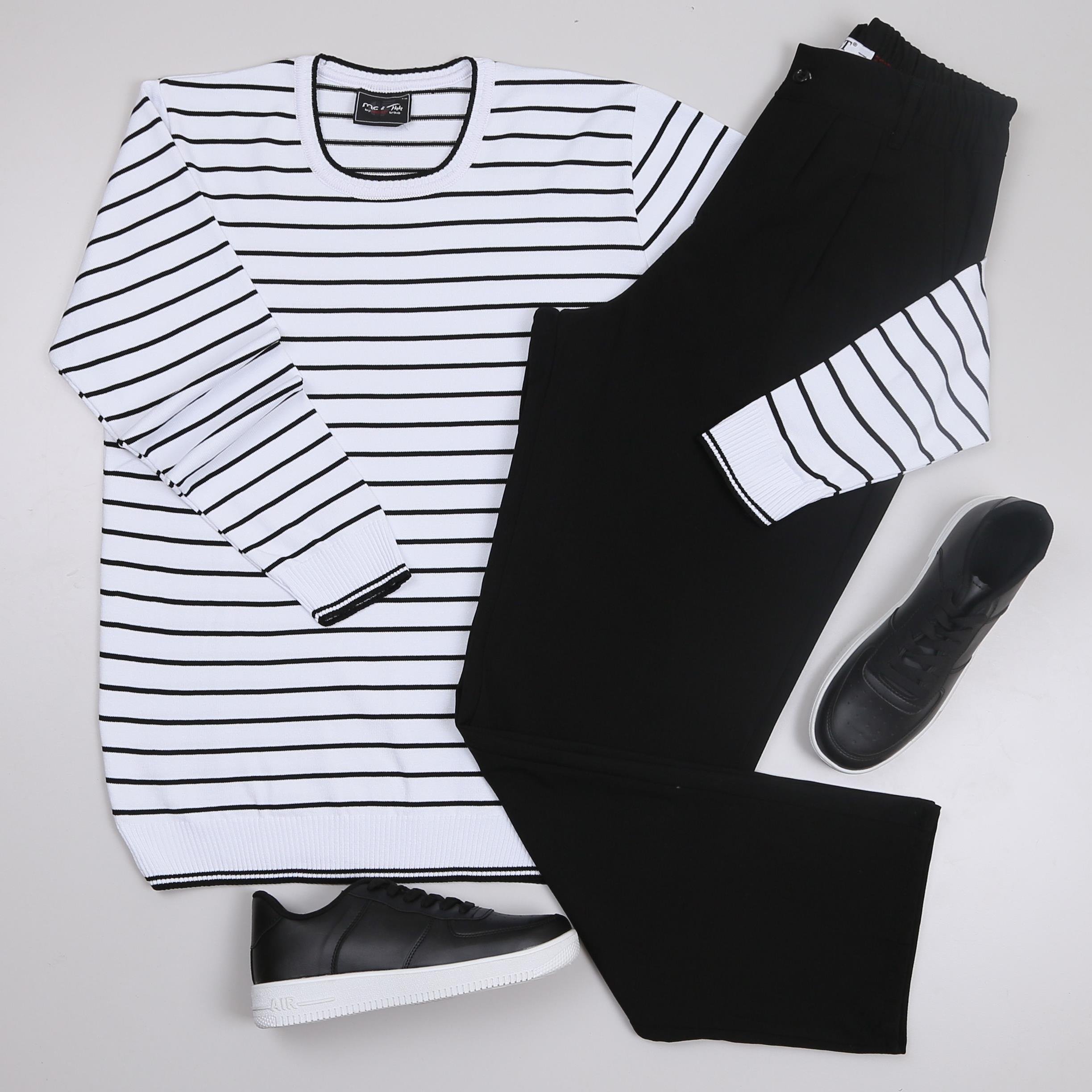 Beyaz Çizgili triko Baggy Siyah kumaş Pantolon