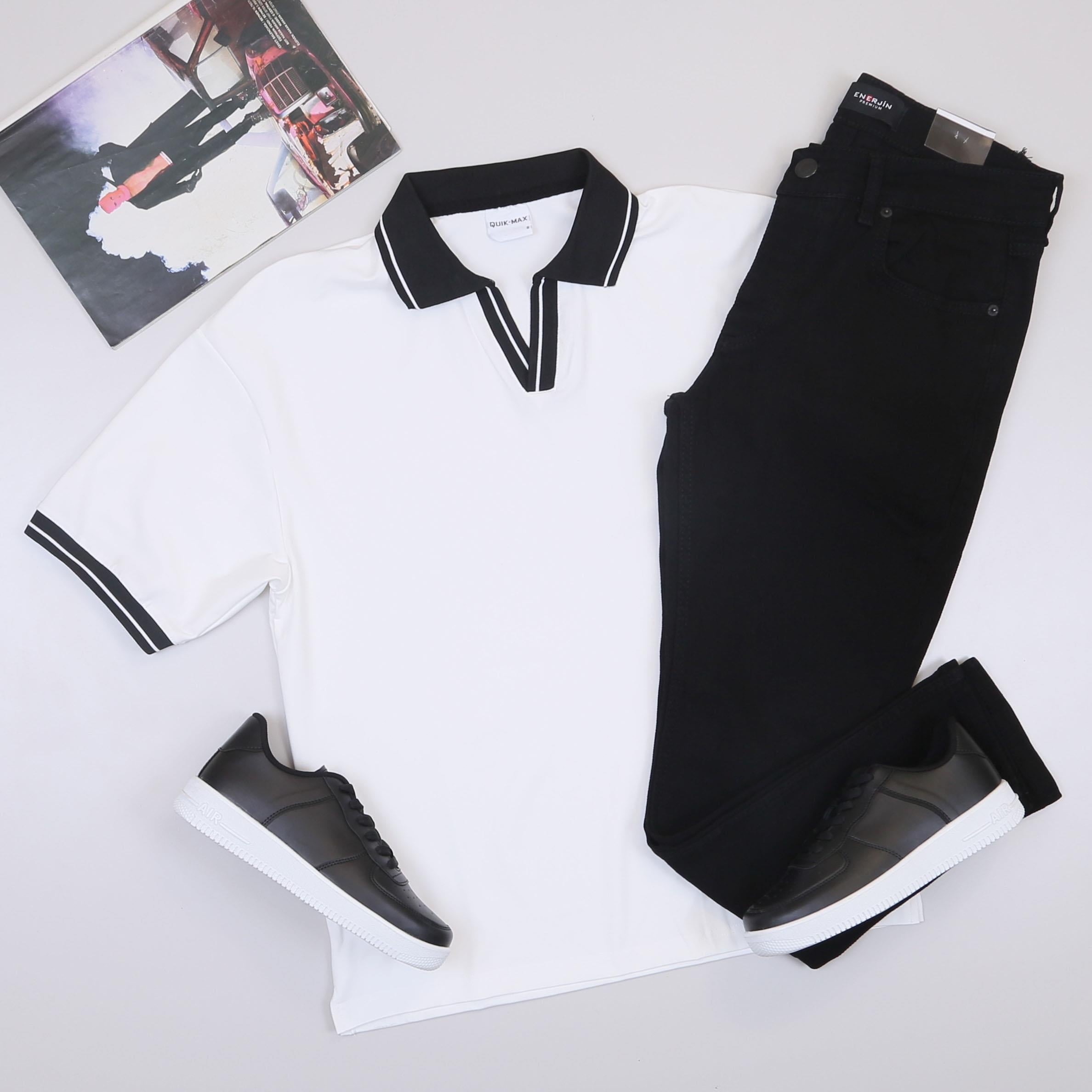 Beyaz Forma Kumaş Polo Yaka Tişört Pantolon Ayakkabı Kombin