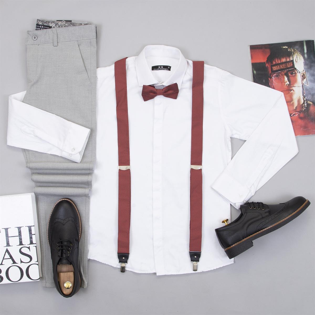 Beyaz Gömlek Açık Gri Pantolon Papyon Askı Ayakkabı Kombin