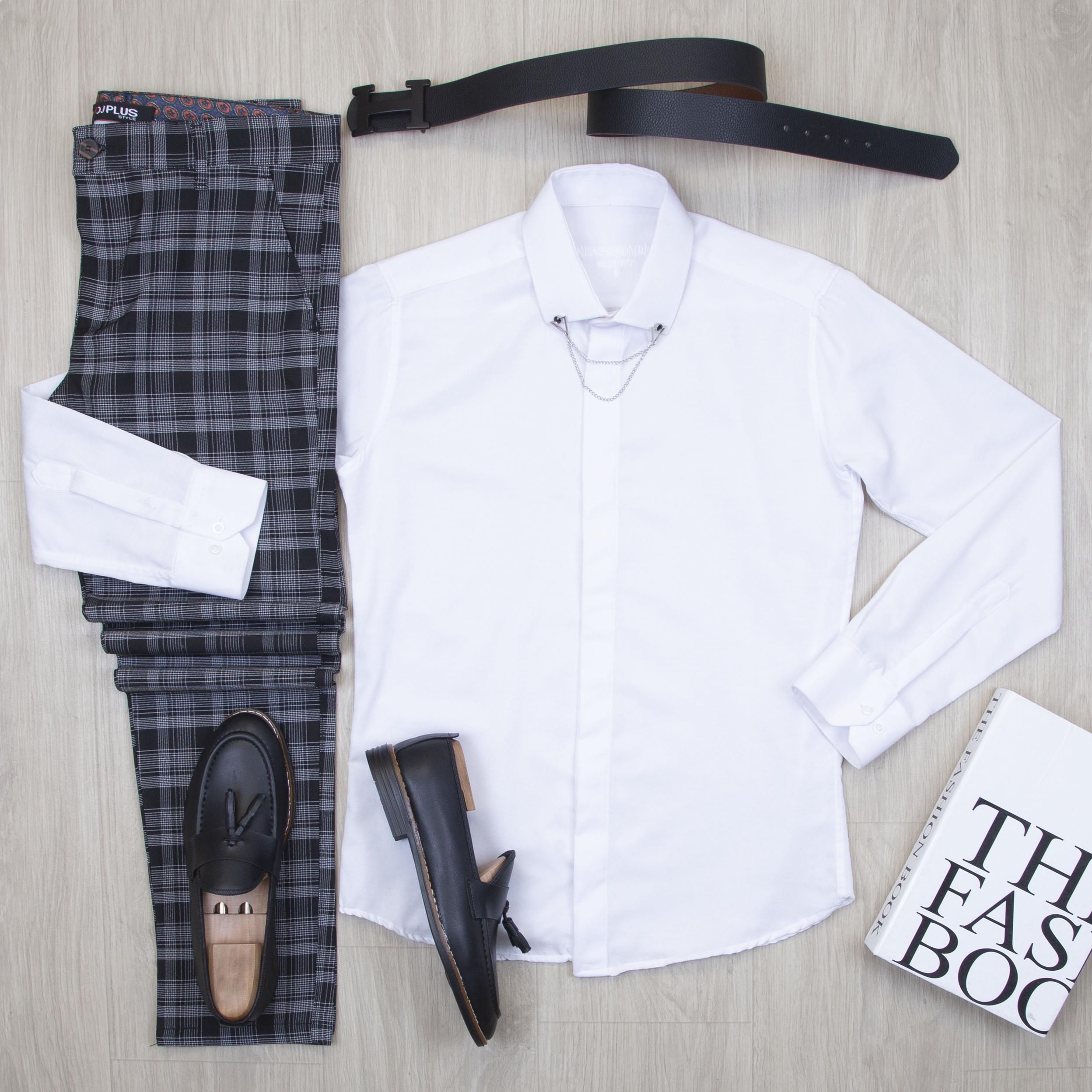 Beyaz Gömlek Ekose Pantolon Ayakkabı Kombin
