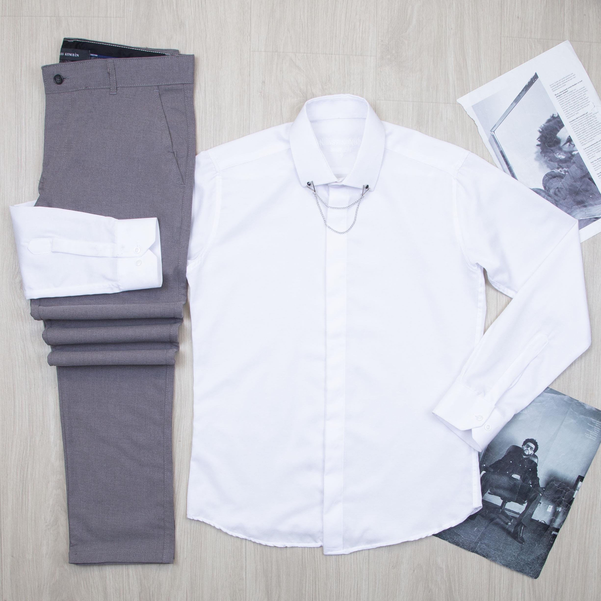 Beyaz Gömlek Gri Pantolon Kombin