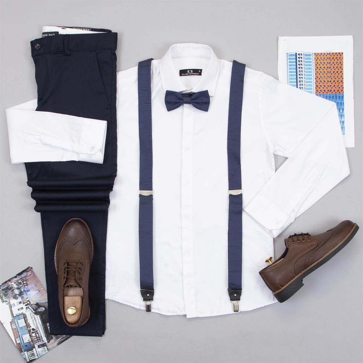 Beyaz Gömlek Lacivert Pantolon Papyon Askı Ayakkabı Kombin