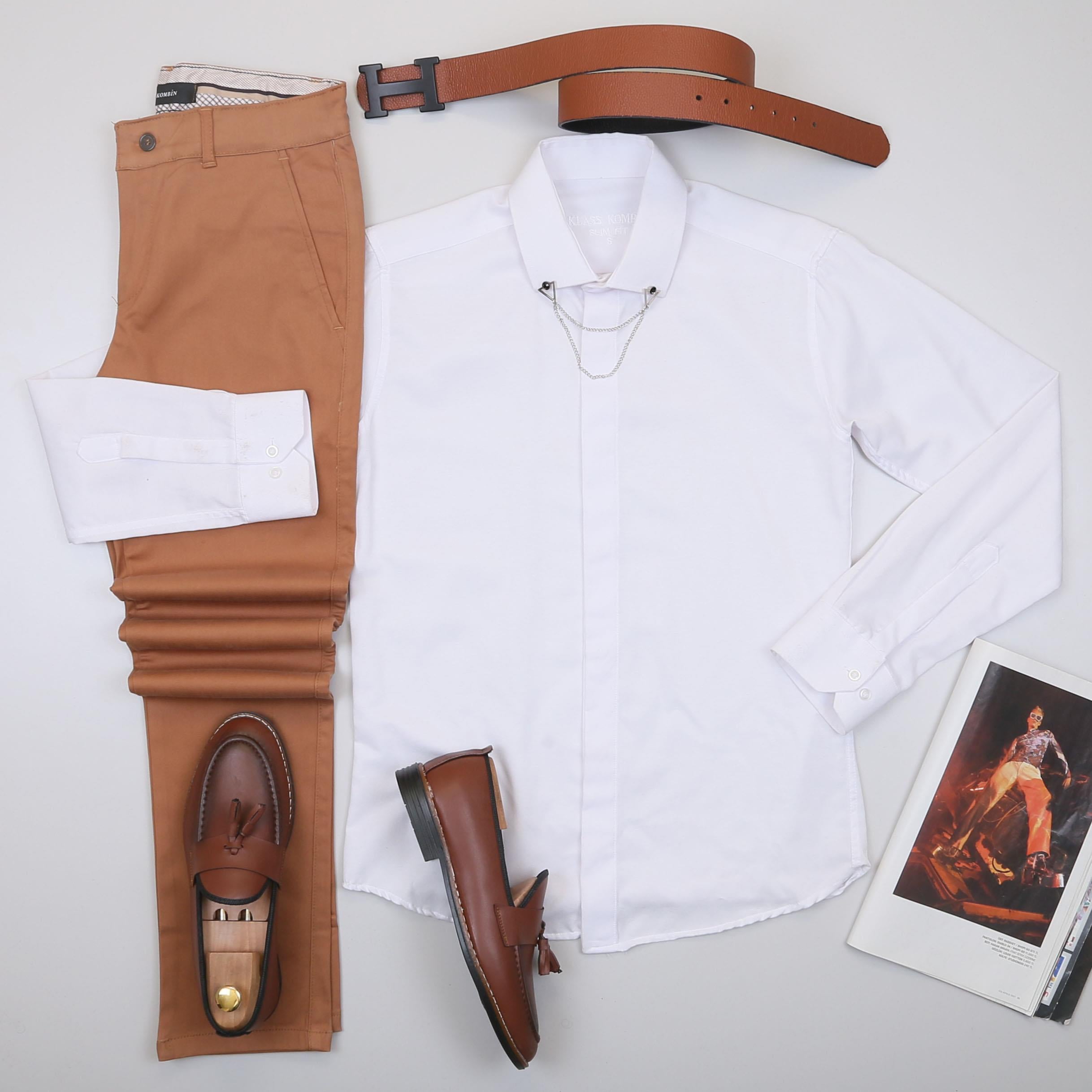 Beyaz Gömlek Taba Pantolon Ayakkabı Kombin