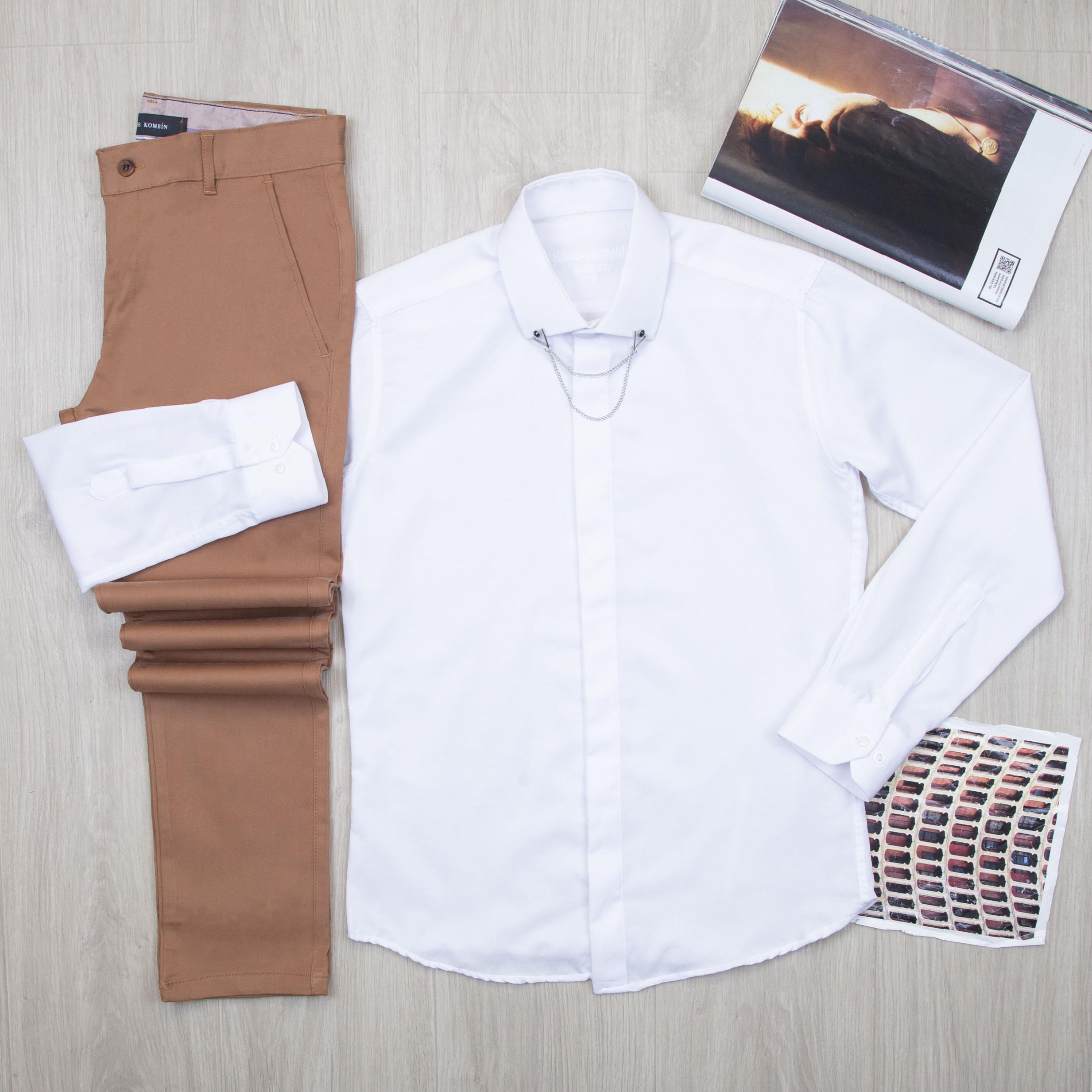 Beyaz Gömlek Taba Pantolon Kombin