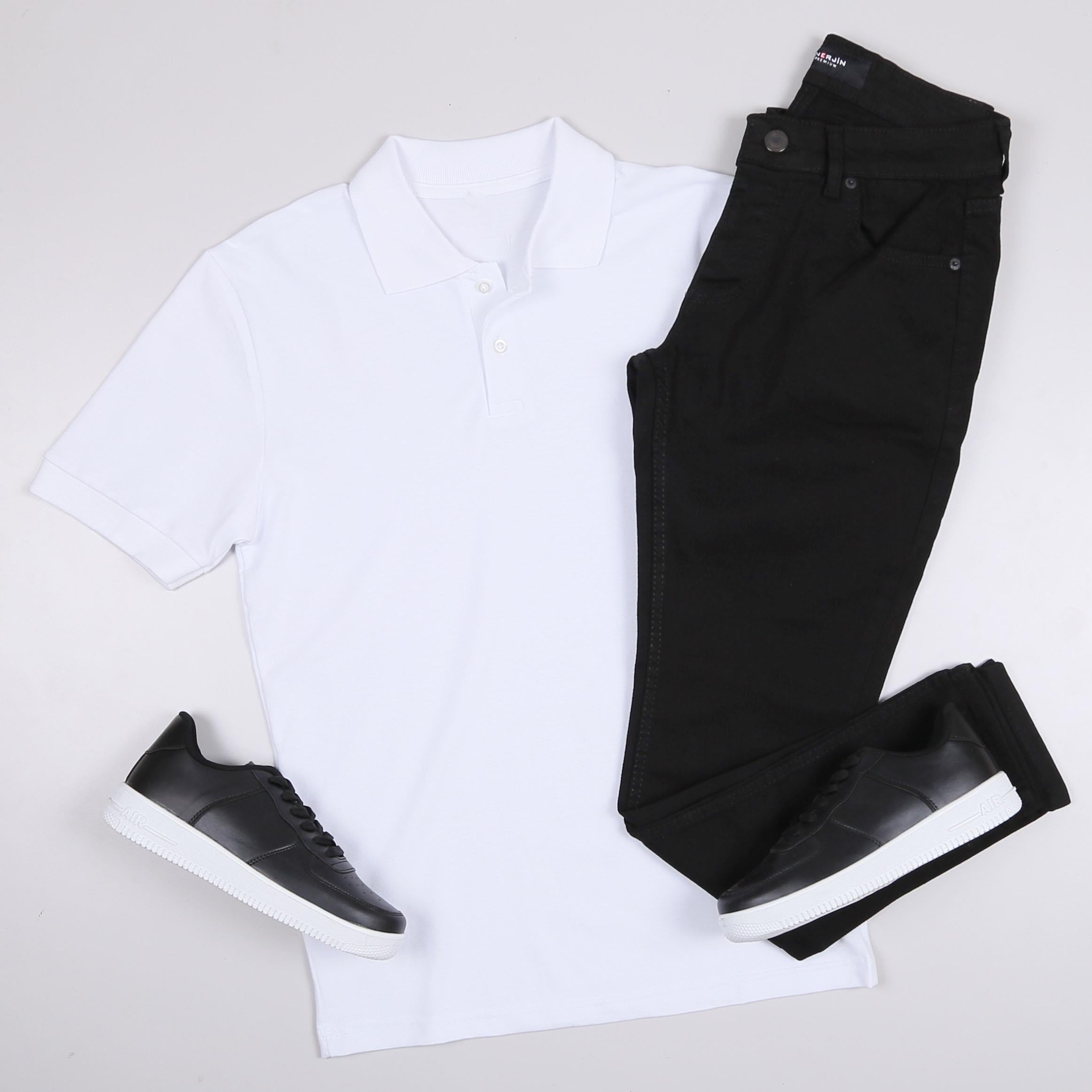 Beyaz Polo Yaka Tişört Pantolon Ayakkabı Kombin
