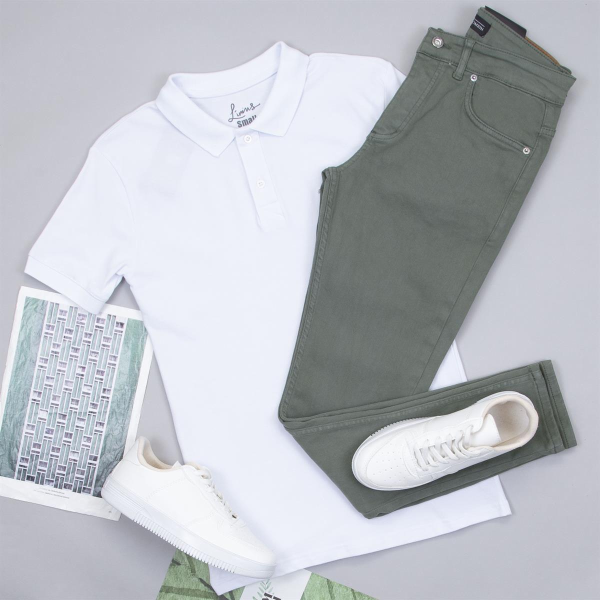 Beyaz Polo Yaka Tişört Pantolon Ayakkabı Kombin