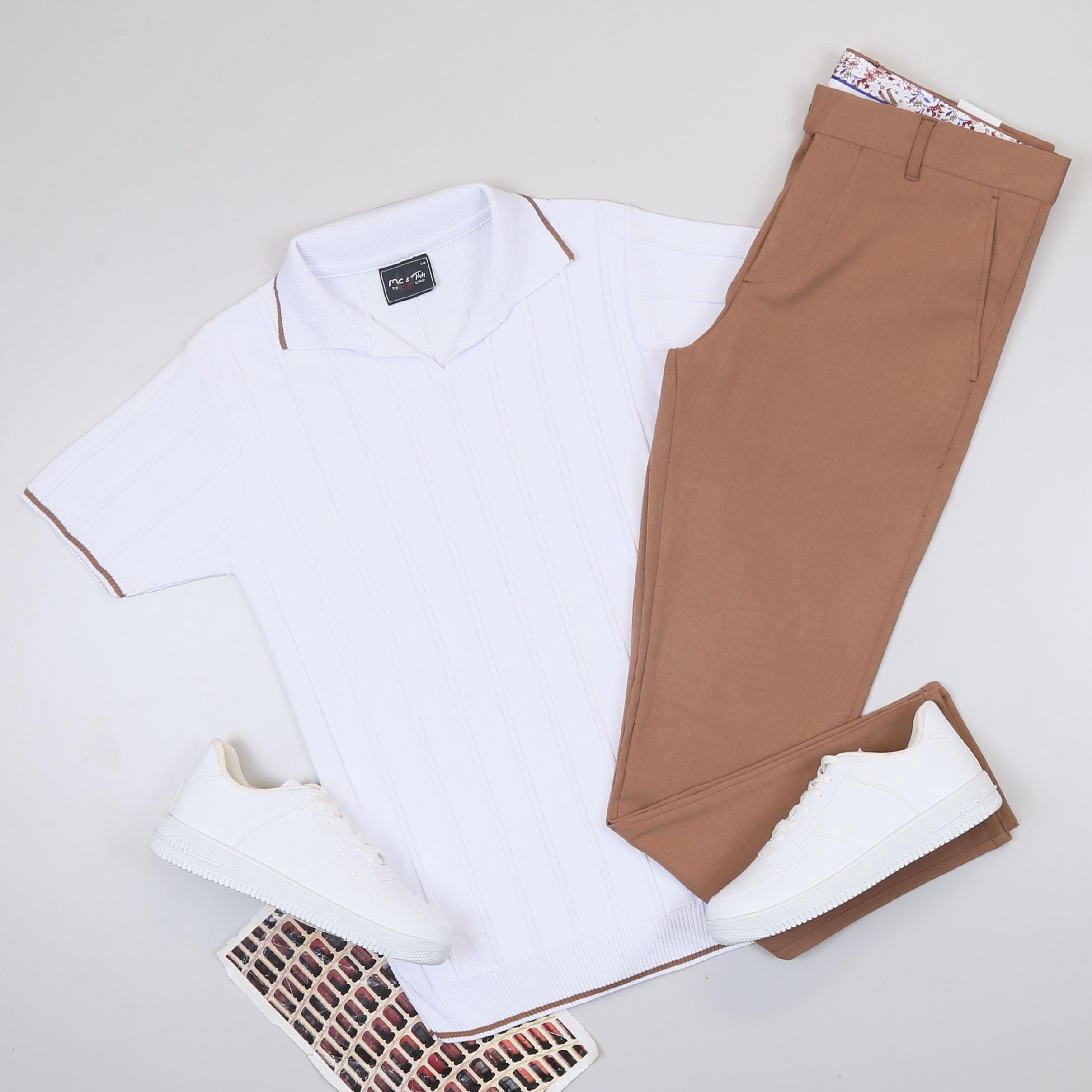 Beyaz Triko Polo Yaka Tişört Pantolon Ayakkabı Kombin