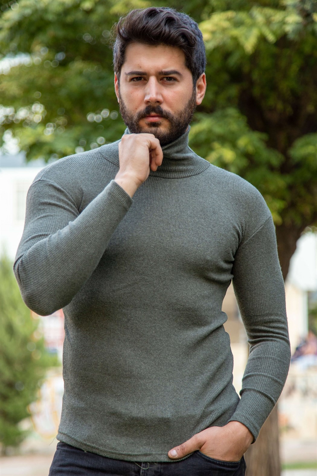 Boğazlı haki yeşili badi kazak