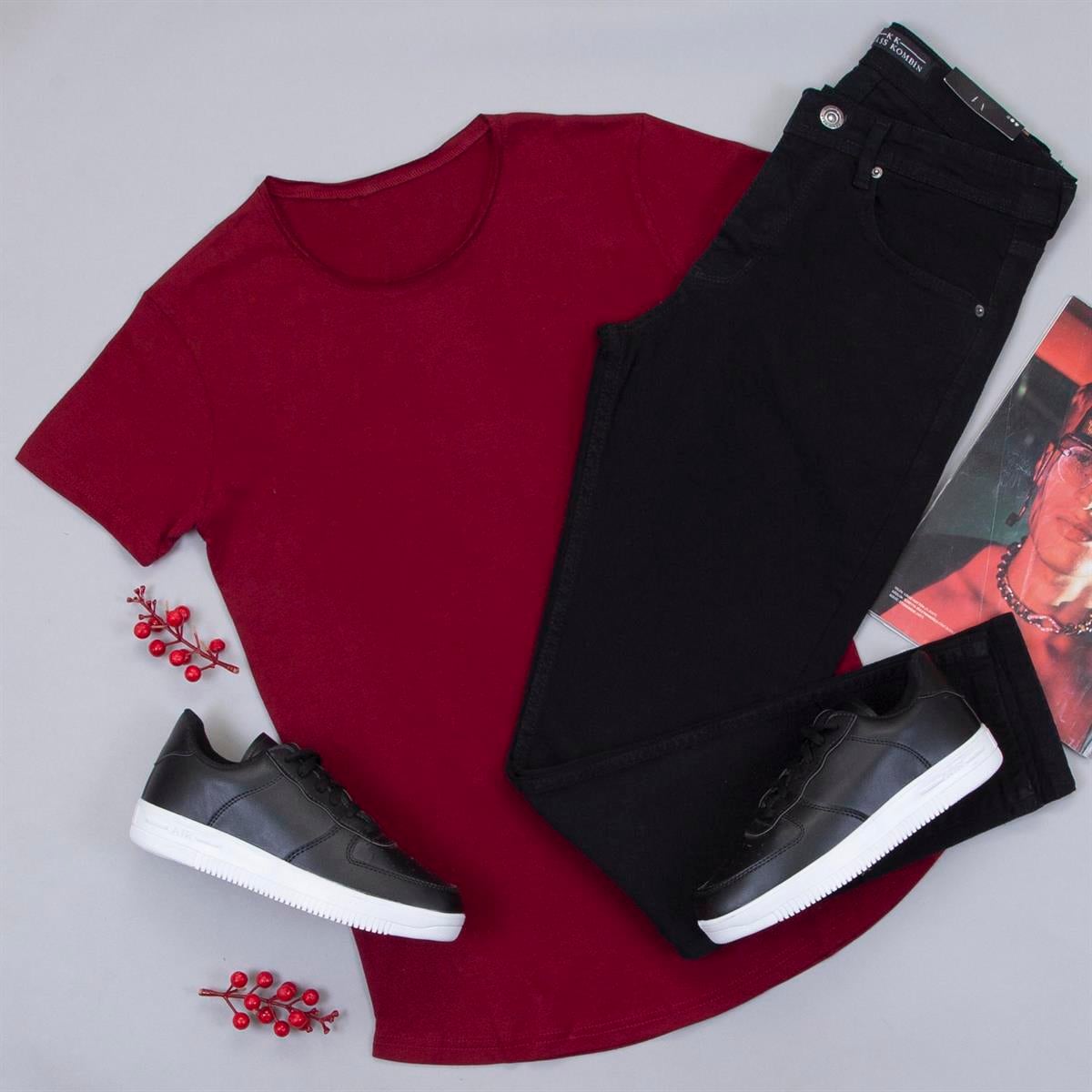 Bordo Basic Tişört Pantolon Ayakkabı Kombin