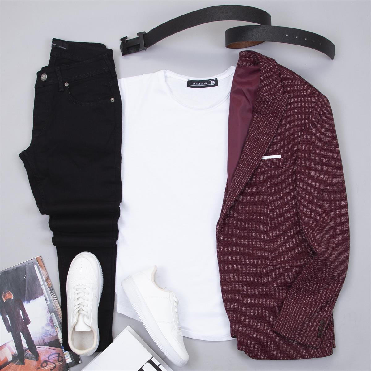 Bordo Blazer Ceket Tişört Pantolon Ayakkabı Kombin