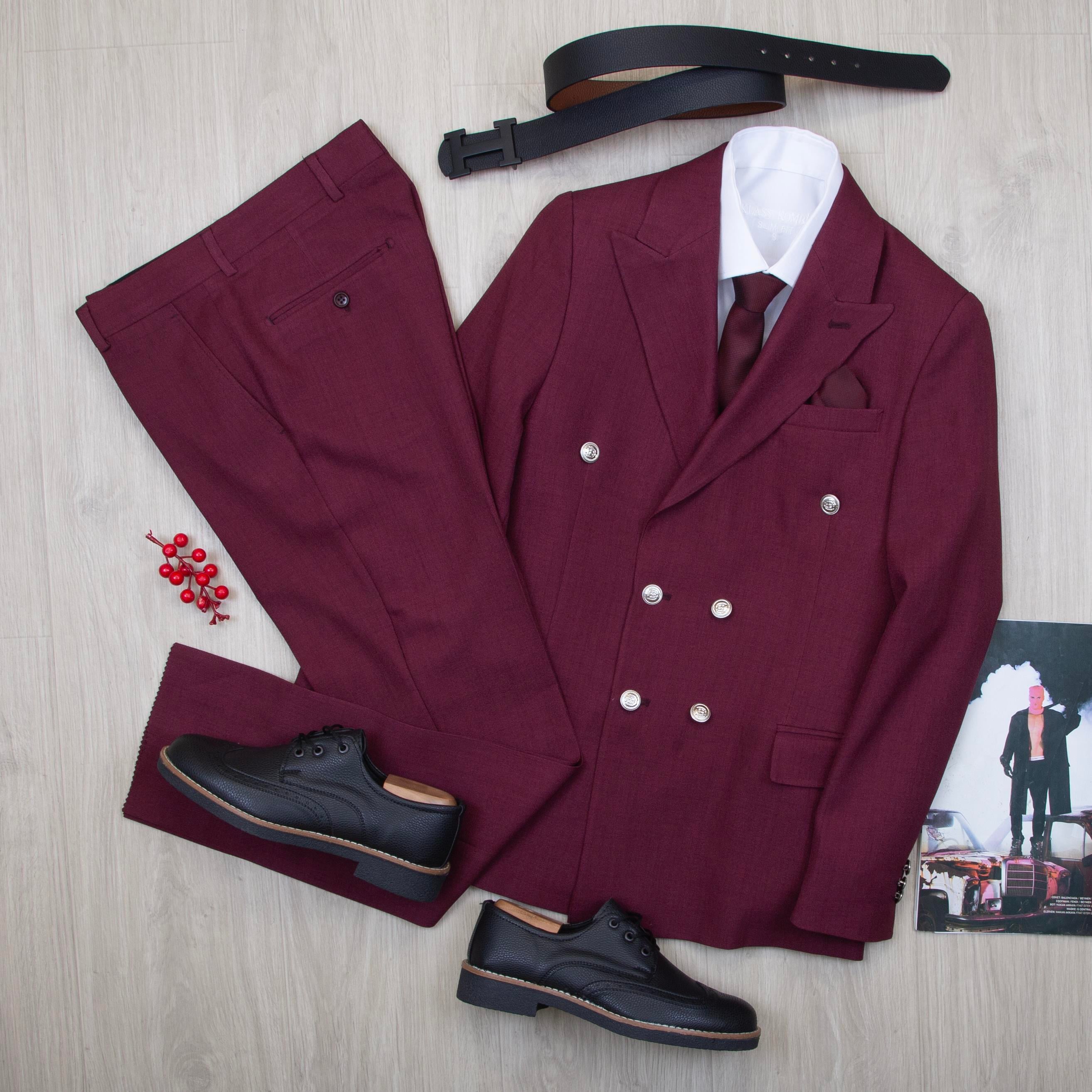 Bordo Kruvaze Takım Elbise Kombini