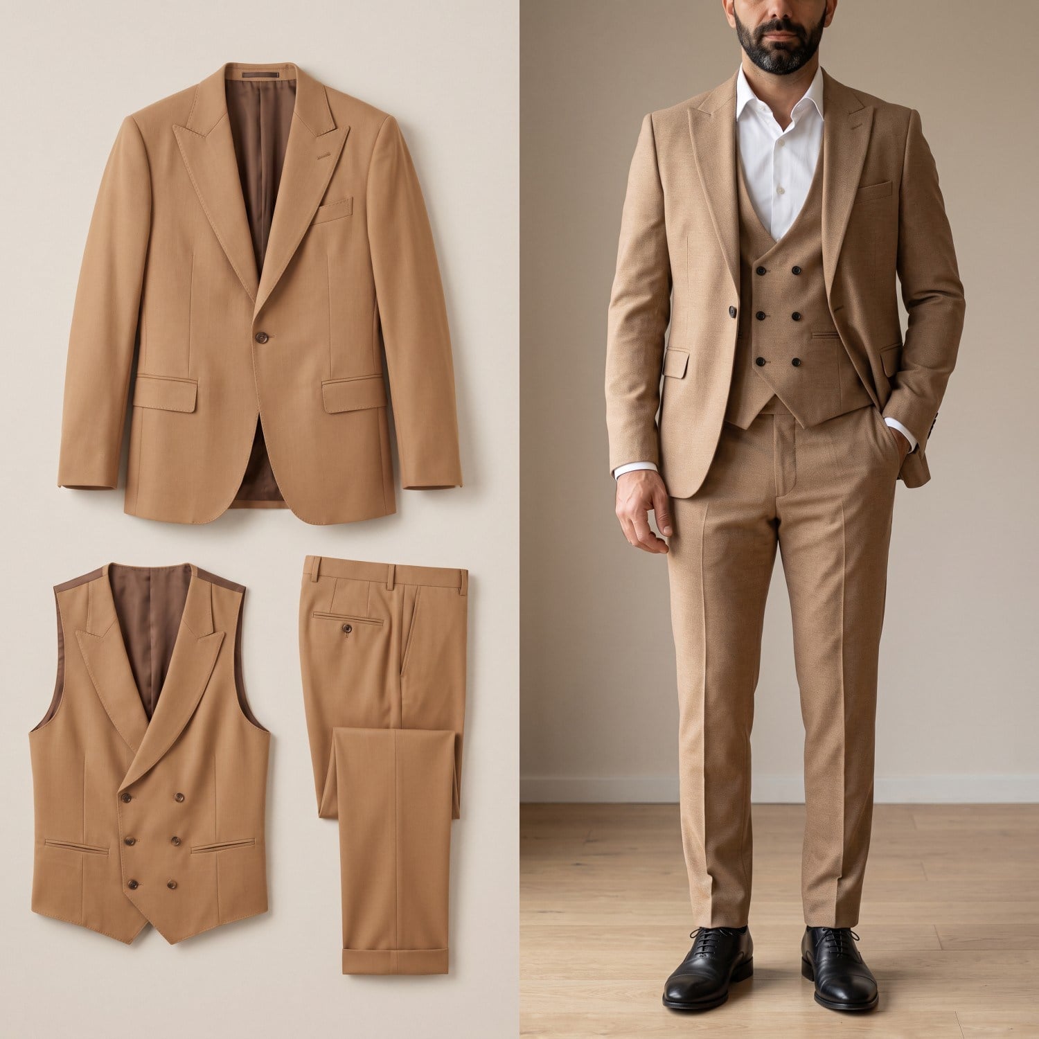 Camel Kruvaze Yelekli Takım Elbise Erkek | Slim Fit İndirimli Takım