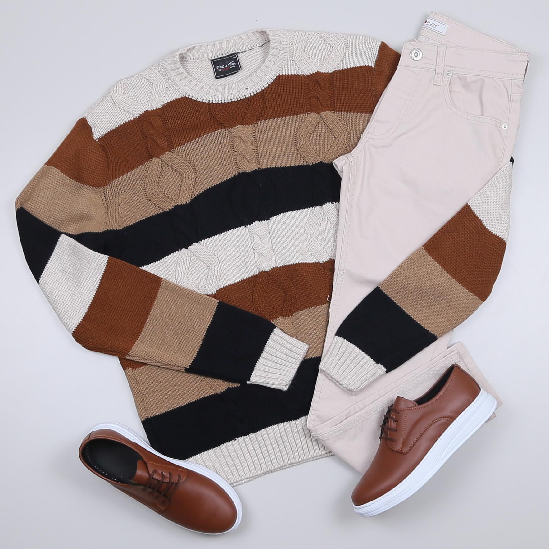 Çizgili Kazak Bej Pantolon Ayakkabı Kombini