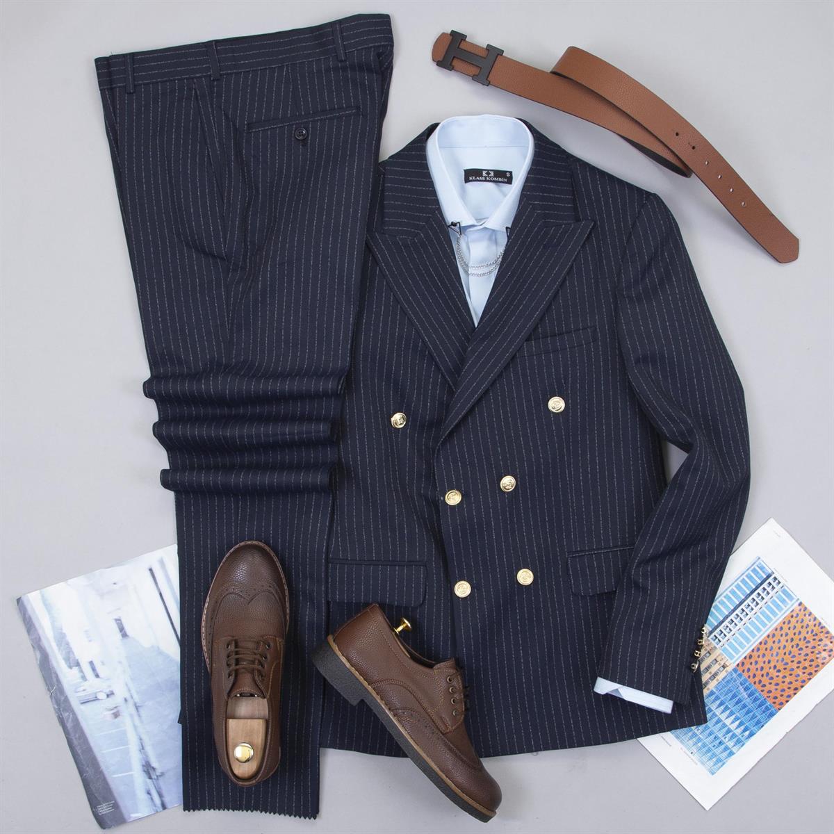 Çizgili Lacivert Kruvaze Takım Elbise Kombini