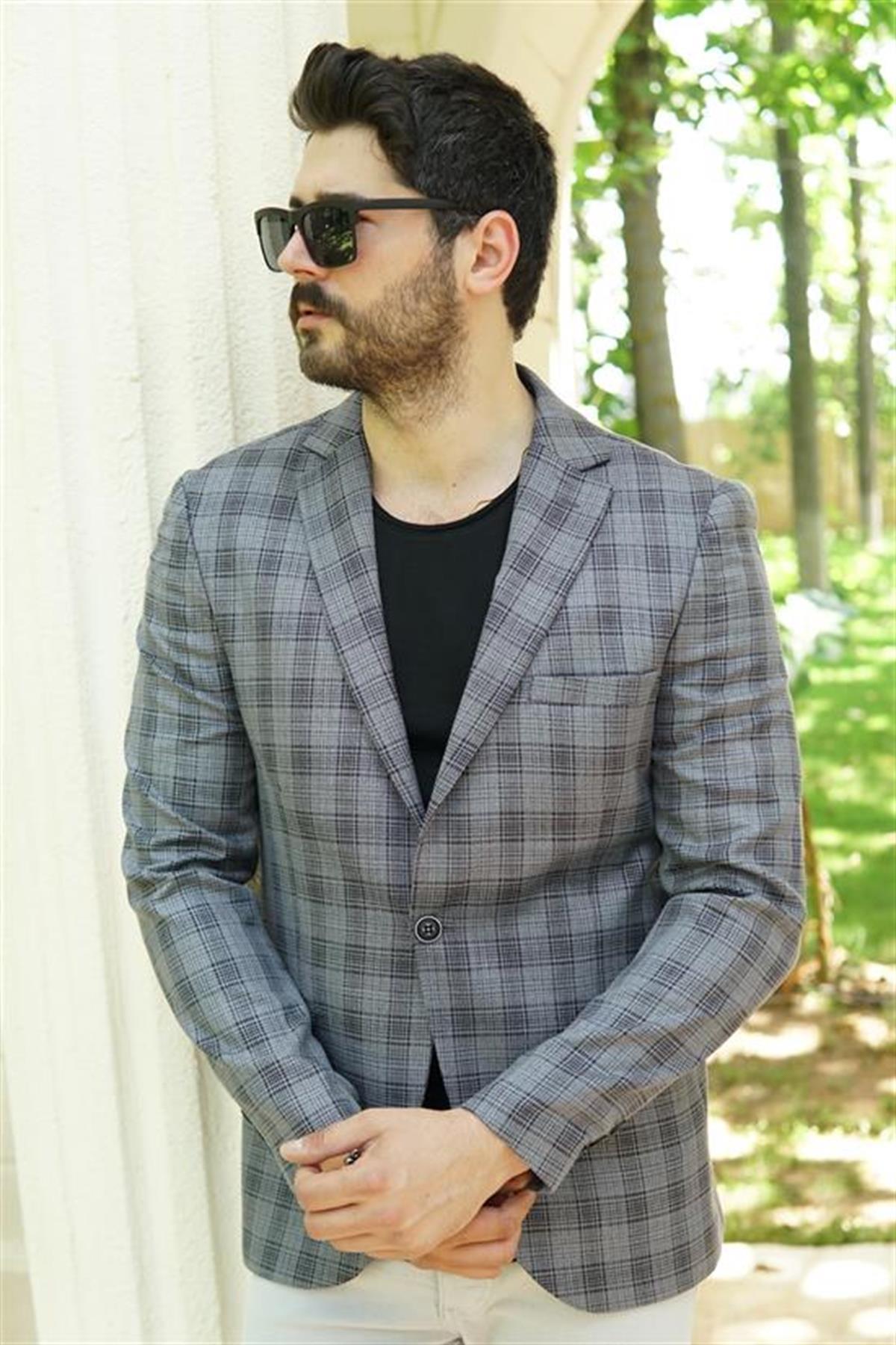 Füme Ekose Blazer Ceket