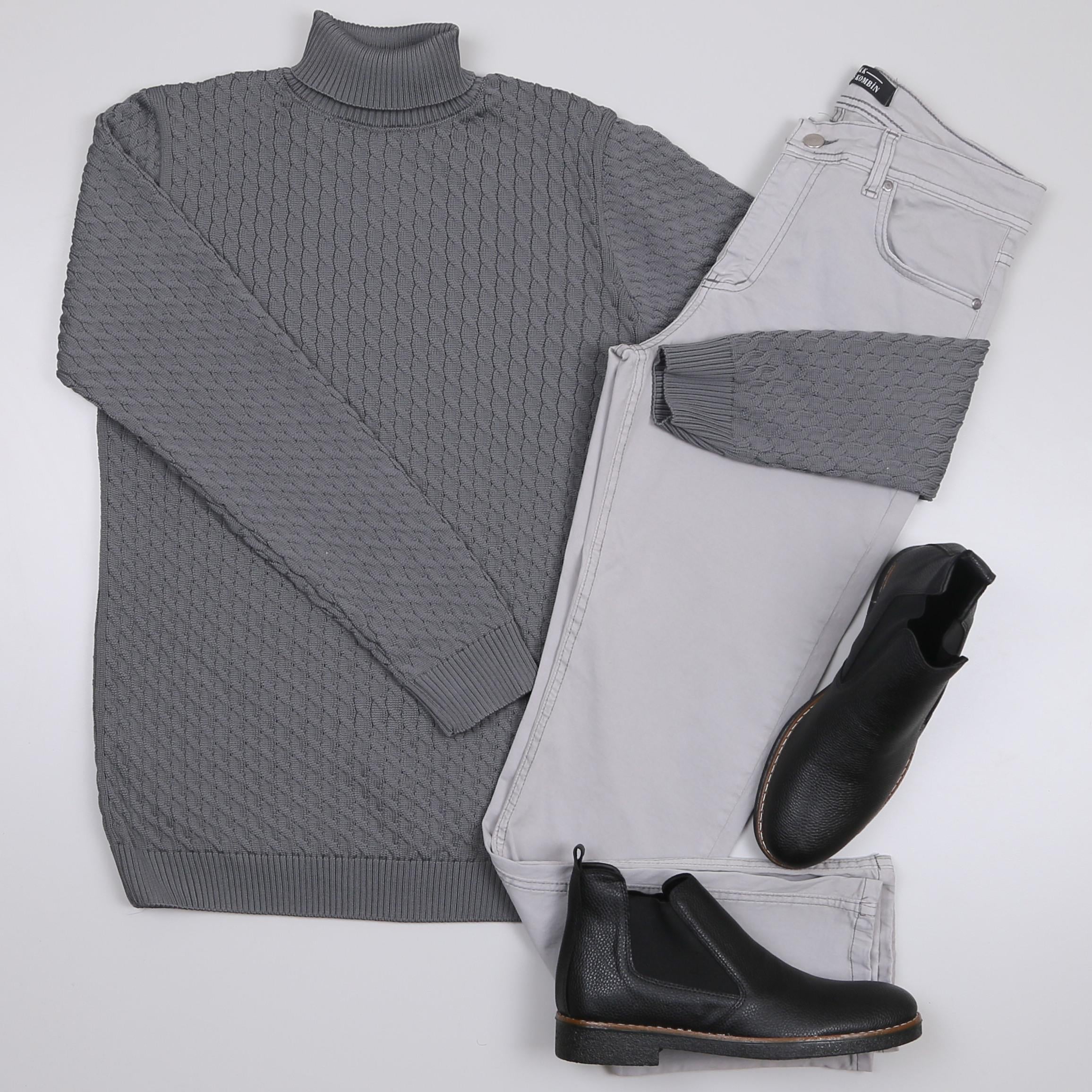 Füme Boğazlı triko Gri kot Pantolon