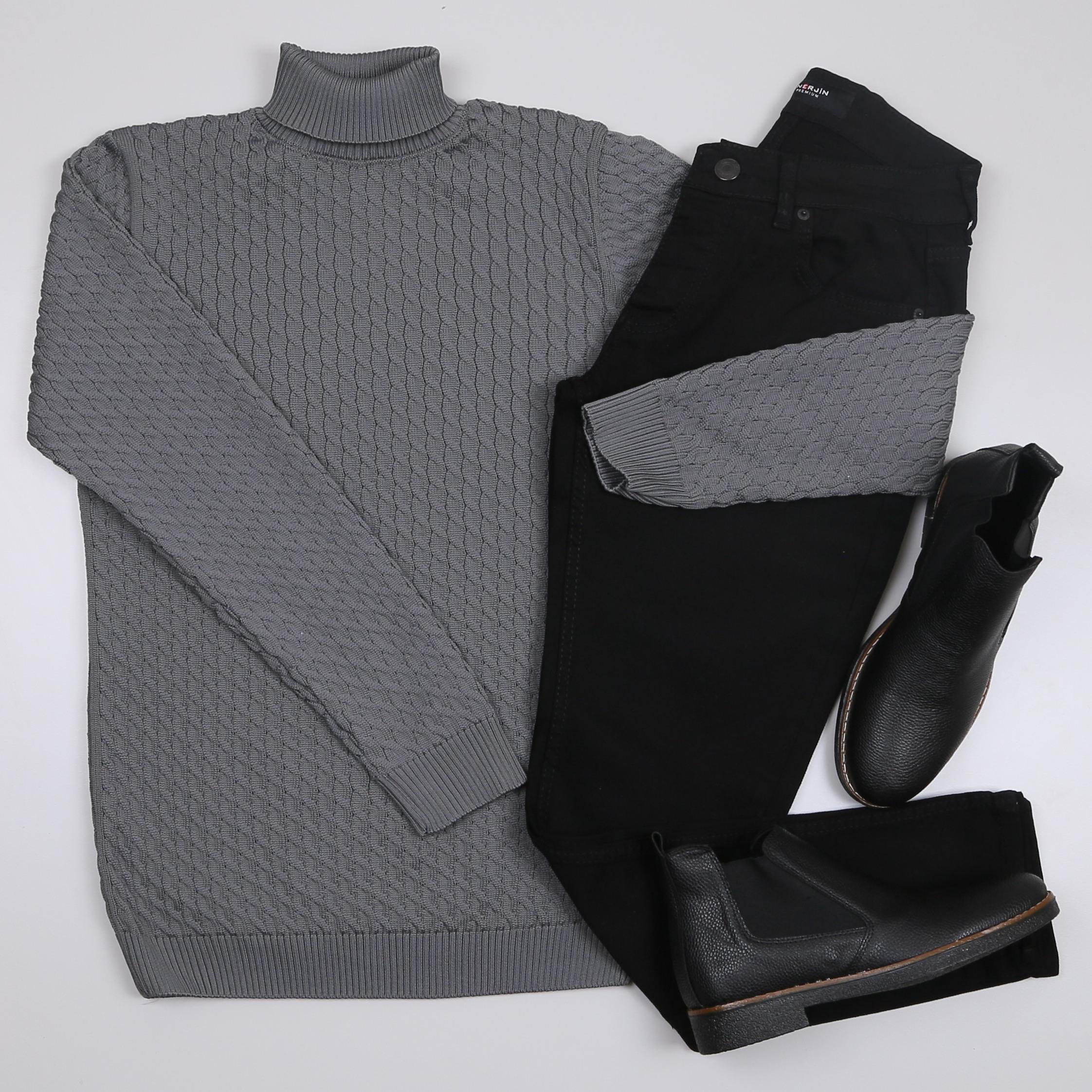 Füme Boğazlı triko Siyah kot Pantolon