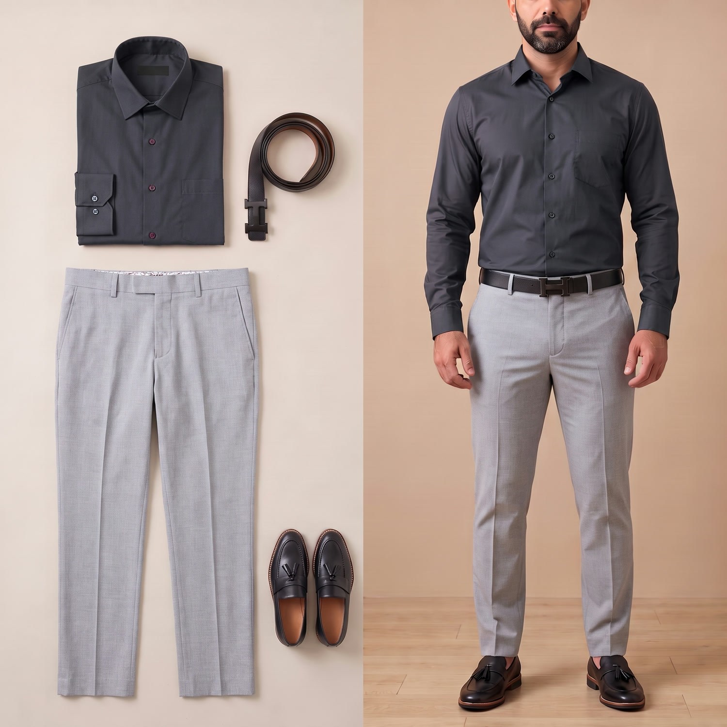Füme Gömlek Gri Pantolon Ayakkabı Kombin