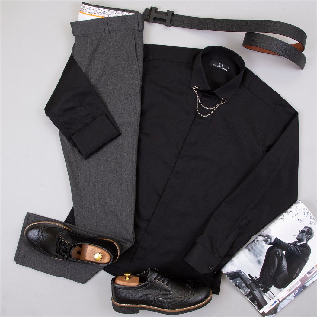 Füme Kumaş Pantolon Gömlek Ayakkabı Kombin