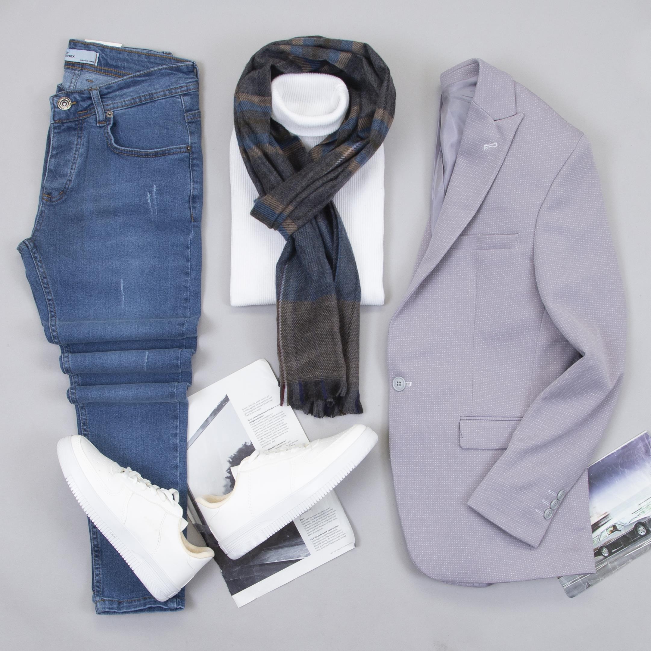 Gri Blazer Ceket Boğazlı Body Pantolon Atkı Ayakkabı Kombin