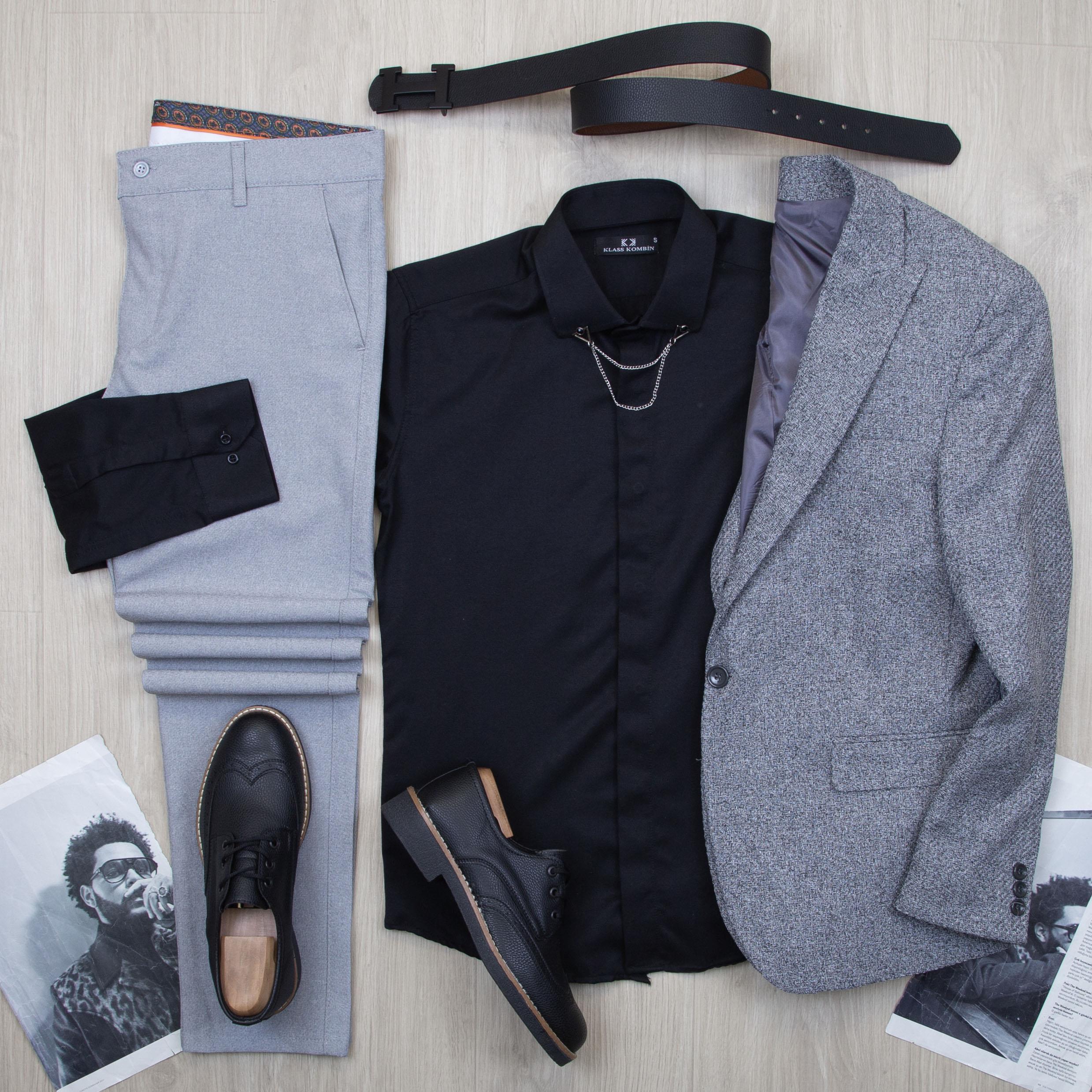 Gri Blazer Ceket Gömlek Pantolon Ayakkabı Kombin