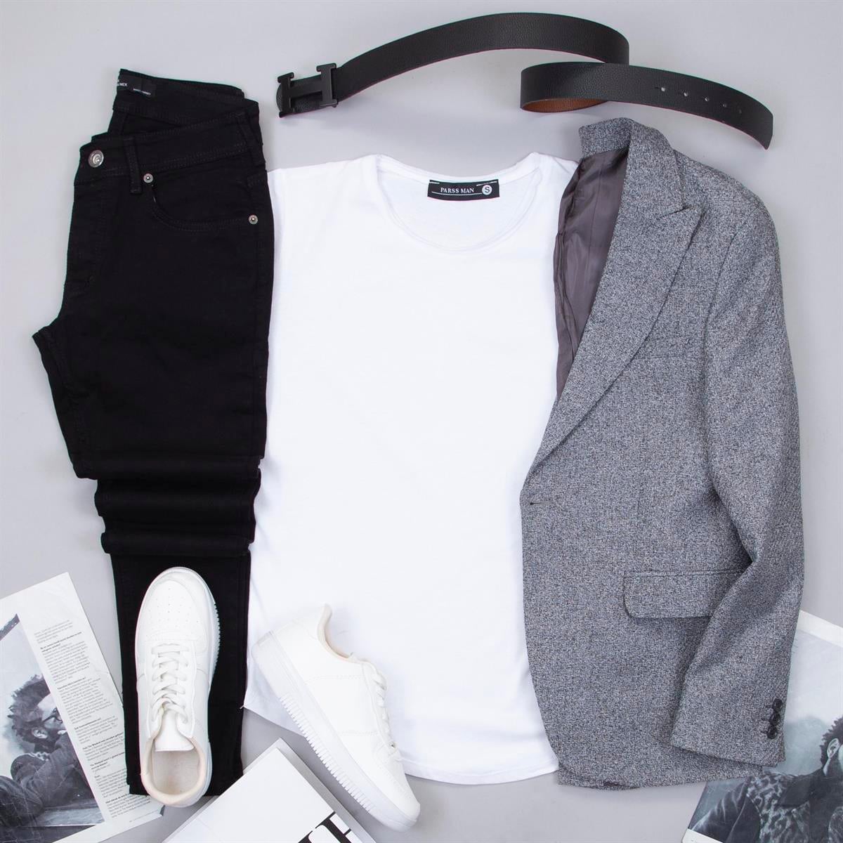 Gri Blazer Ceket Tişört Pantolon Ayakkabı Kombin