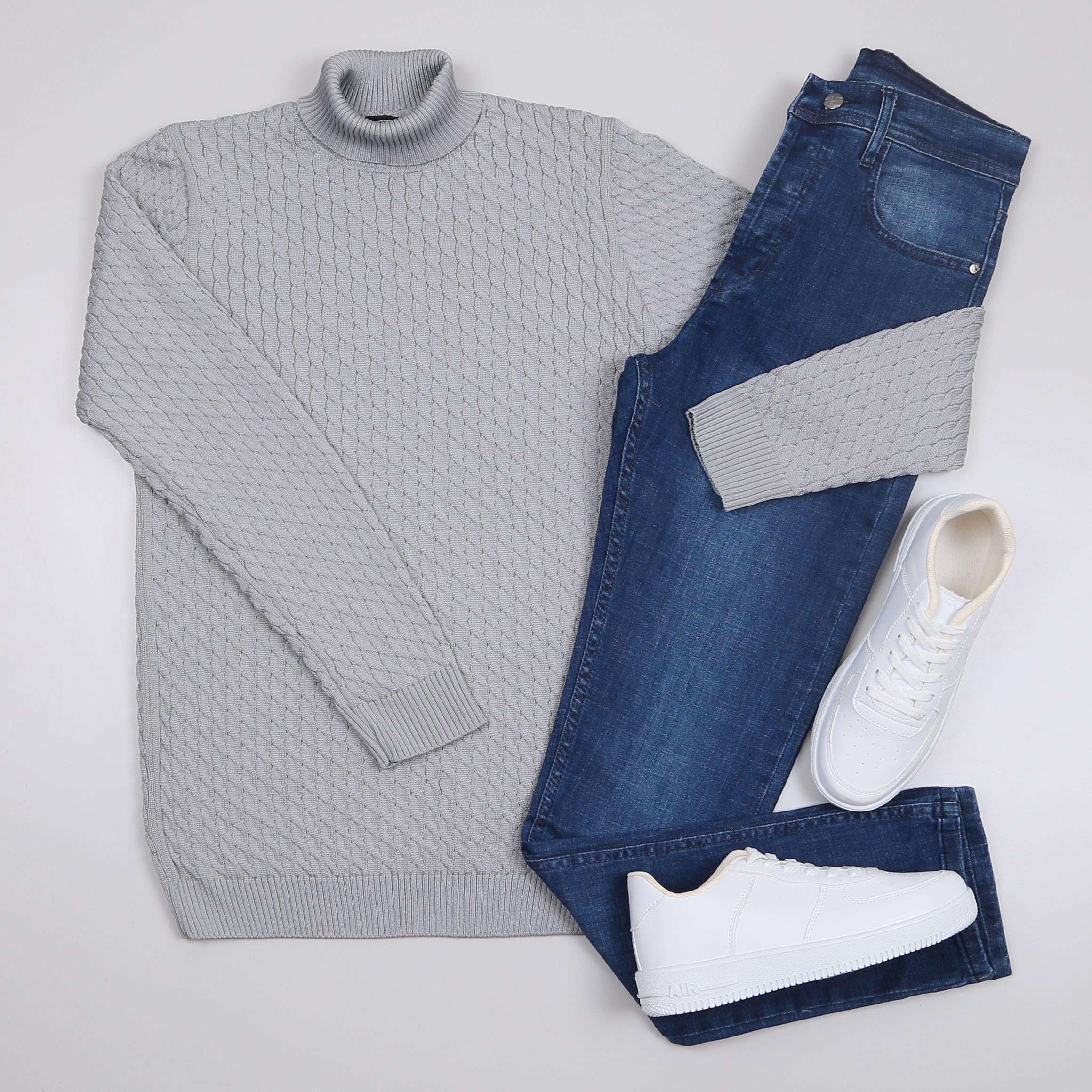 Gri Boğazlı triko Lacivert kot Pantolon