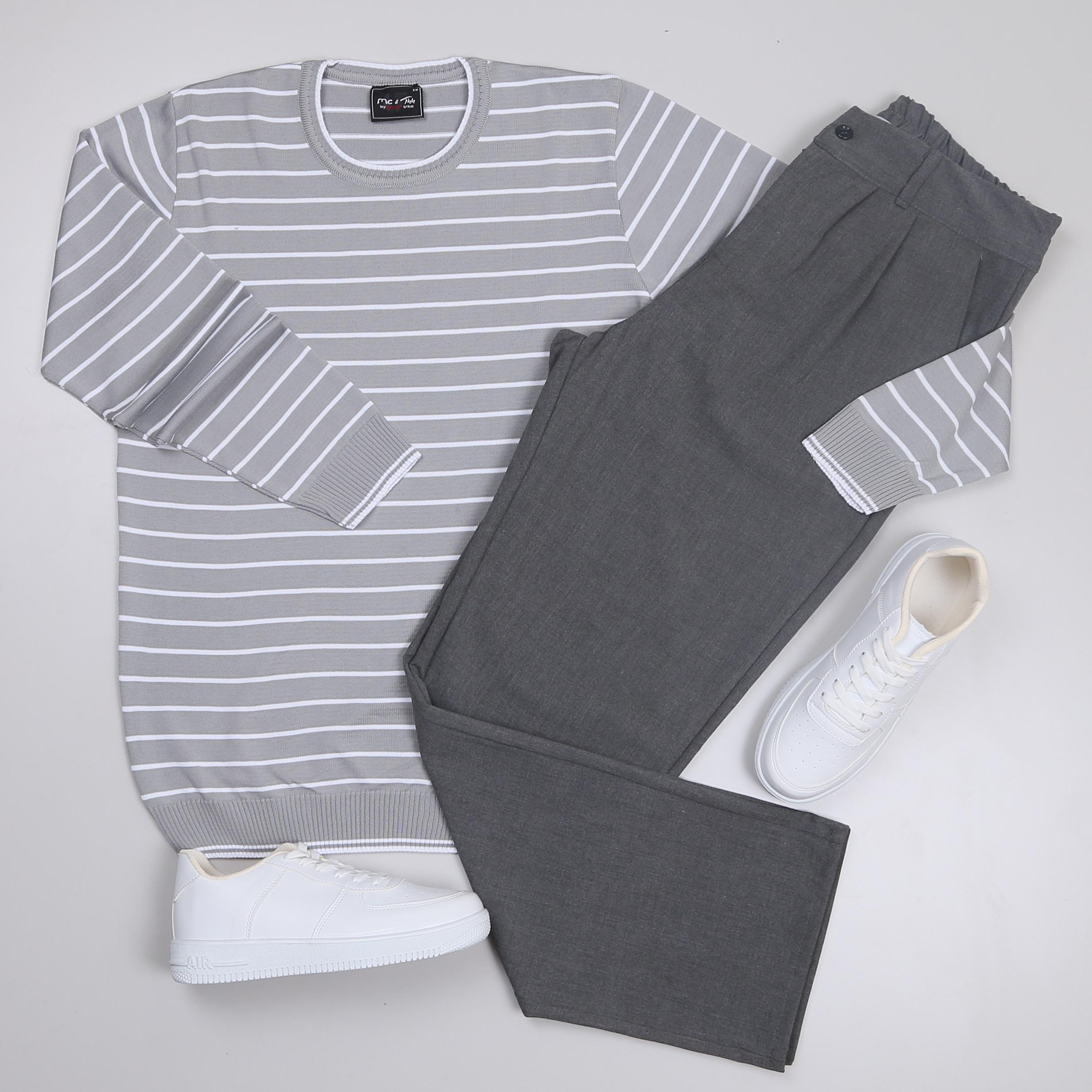 Gri Çizgili triko Baggy Füme kumaş Pantolon