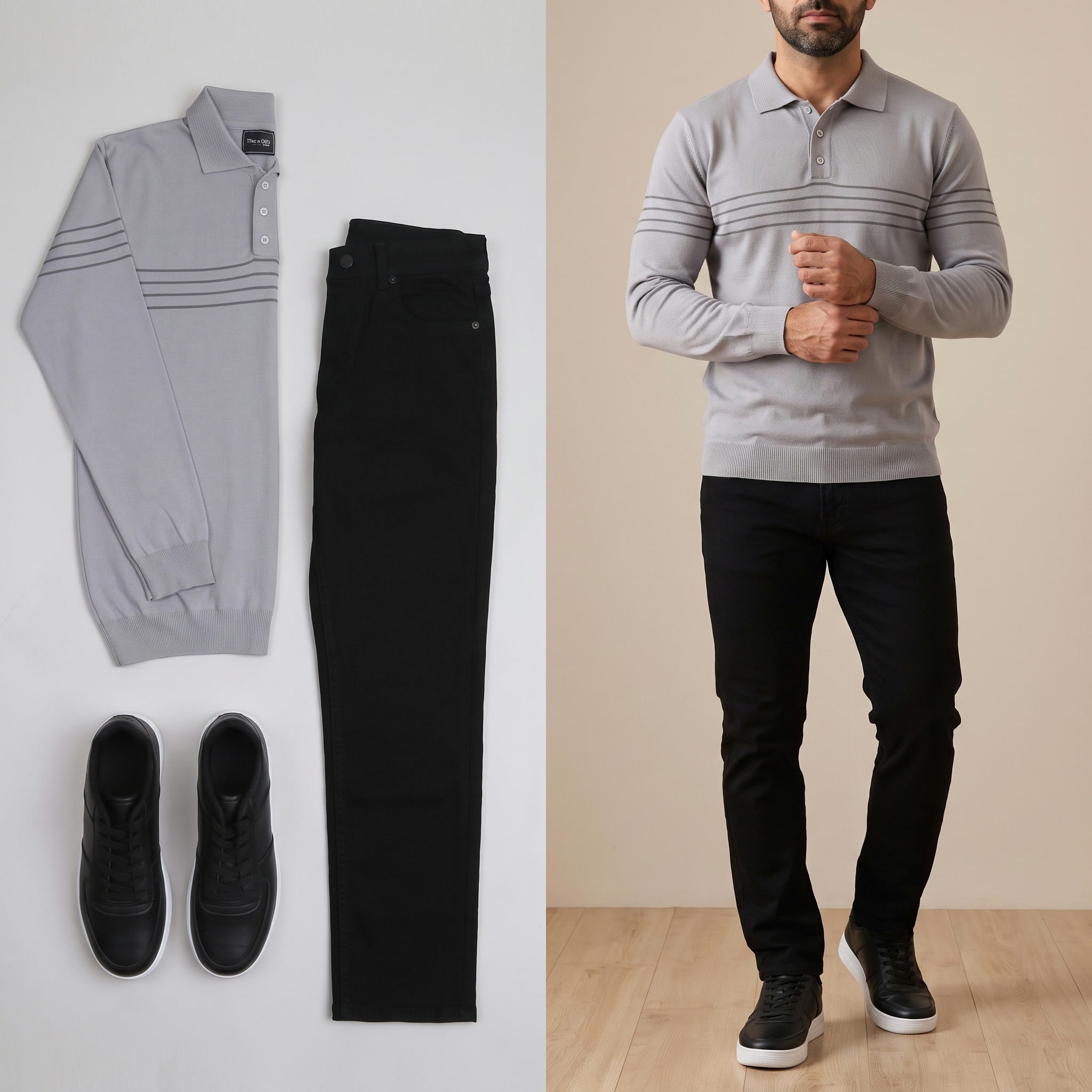 Gri çizgili  triko polo yaka  pantolon ayakkabı kombini
